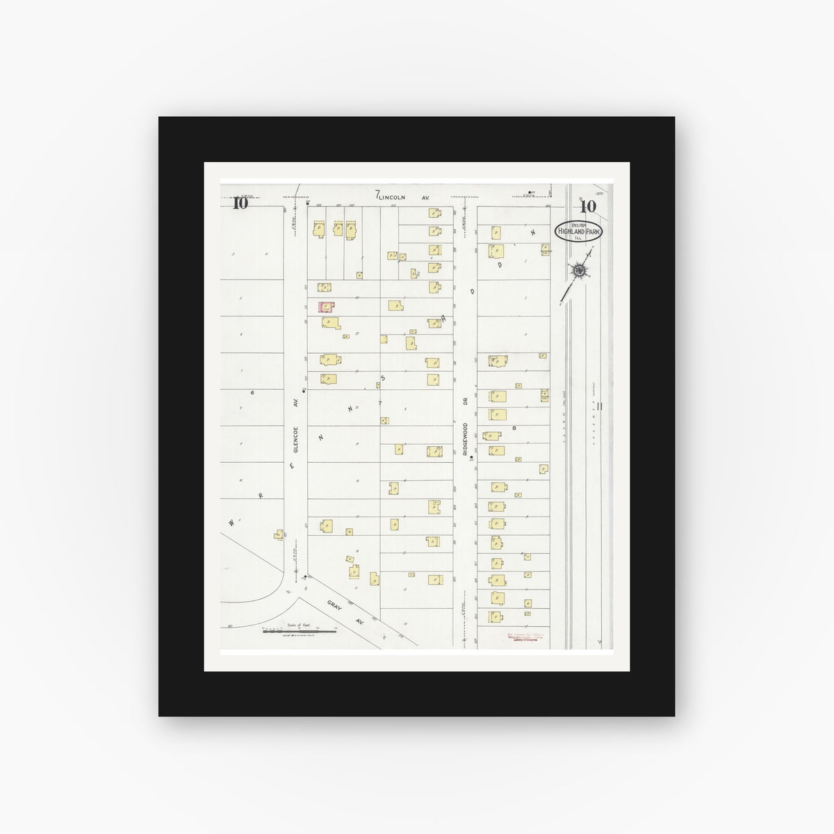 Old map wall art mockup — black gallery frame with white mat — Sanborn Fire Insurance Map from Highland Park, Lake County, Illinois (1924), Sheet #0010