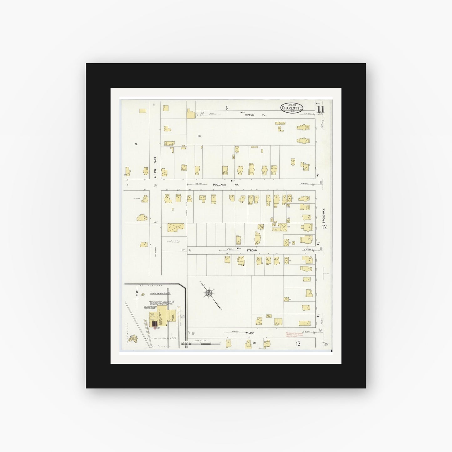 Old map wall art mockup — black gallery frame with white mat — Sanborn Fire Insurance Map from Charlotte, Monroe County, New York (1912), Sheet #0011