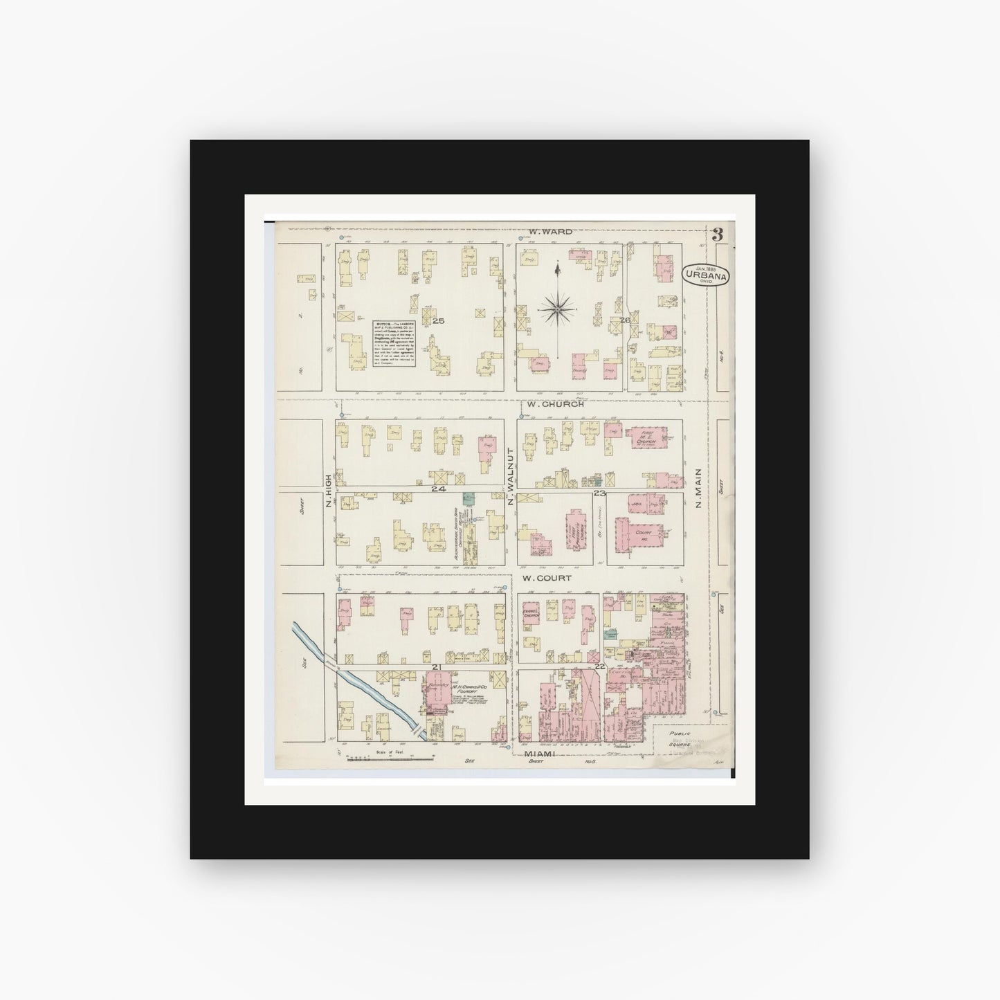 Old map wall art mockup — black gallery frame with white mat — Sanborn Fire Insurance Map from Urbana, Champaign County, Ohio (1885), Sheet #0003