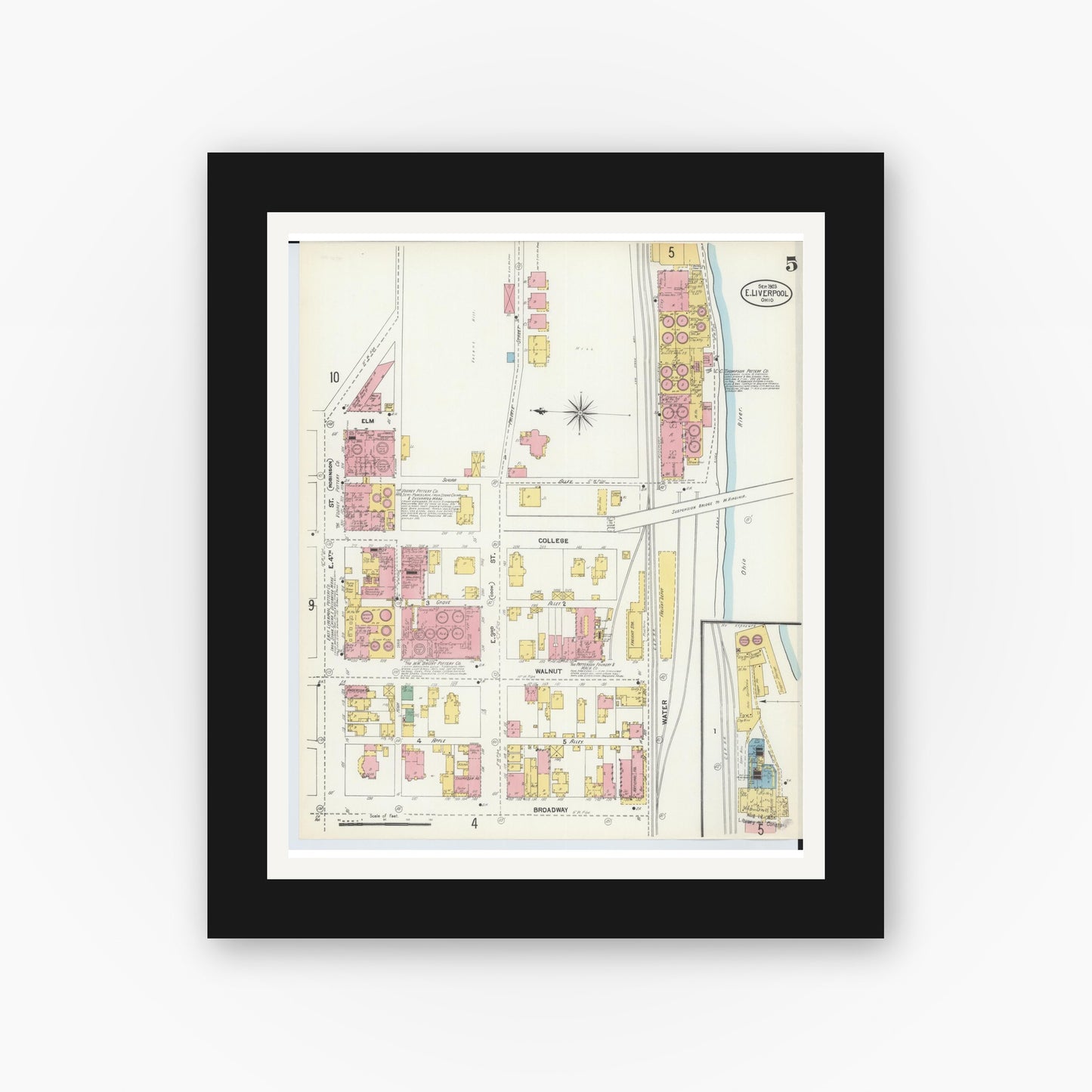 Old map wall art mockup — black gallery frame with white mat — Sanborn Fire Insurance Map from East Liverpool, Columbiana County, Ohio (1903), Sheet #0005