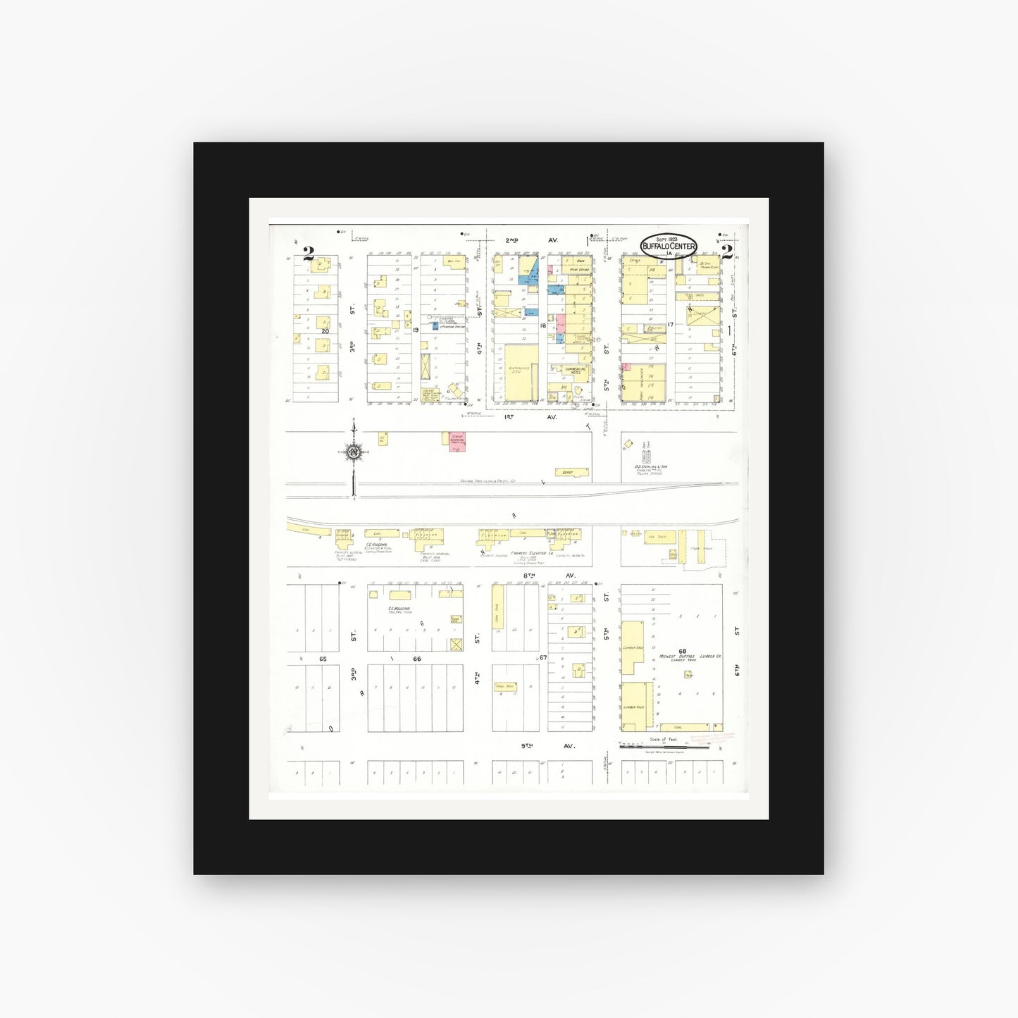 Old map wall art mockup — black gallery frame with white mat — Sanborn Fire Insurance Map from Buffalo Center, Winnebago County, Iowa (1923), Sheet #0002