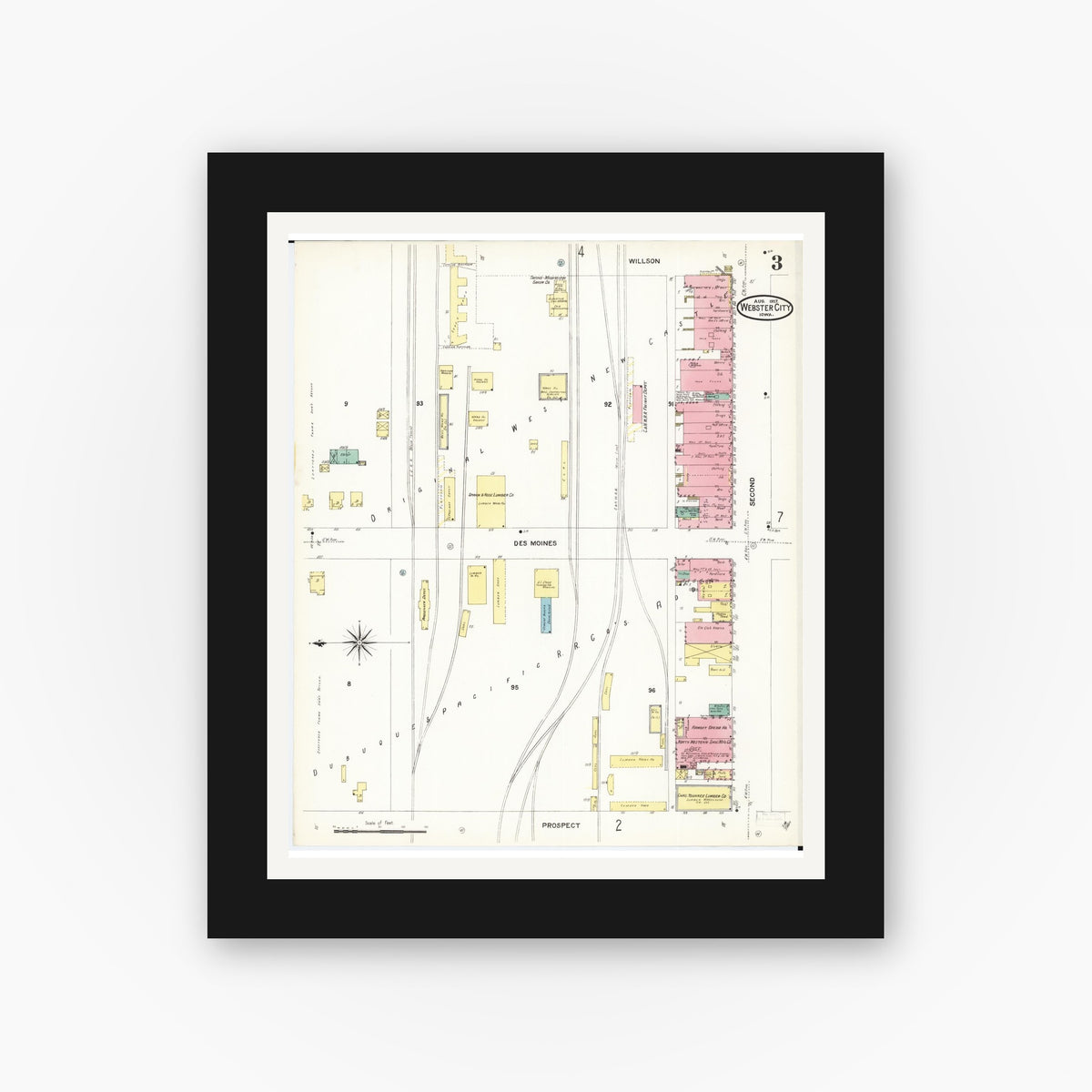 Old map wall art mockup — black gallery frame with white mat — Sanborn Fire Insurance Map from Webster City, Hamilton County, Iowa (1907), Sheet #0003