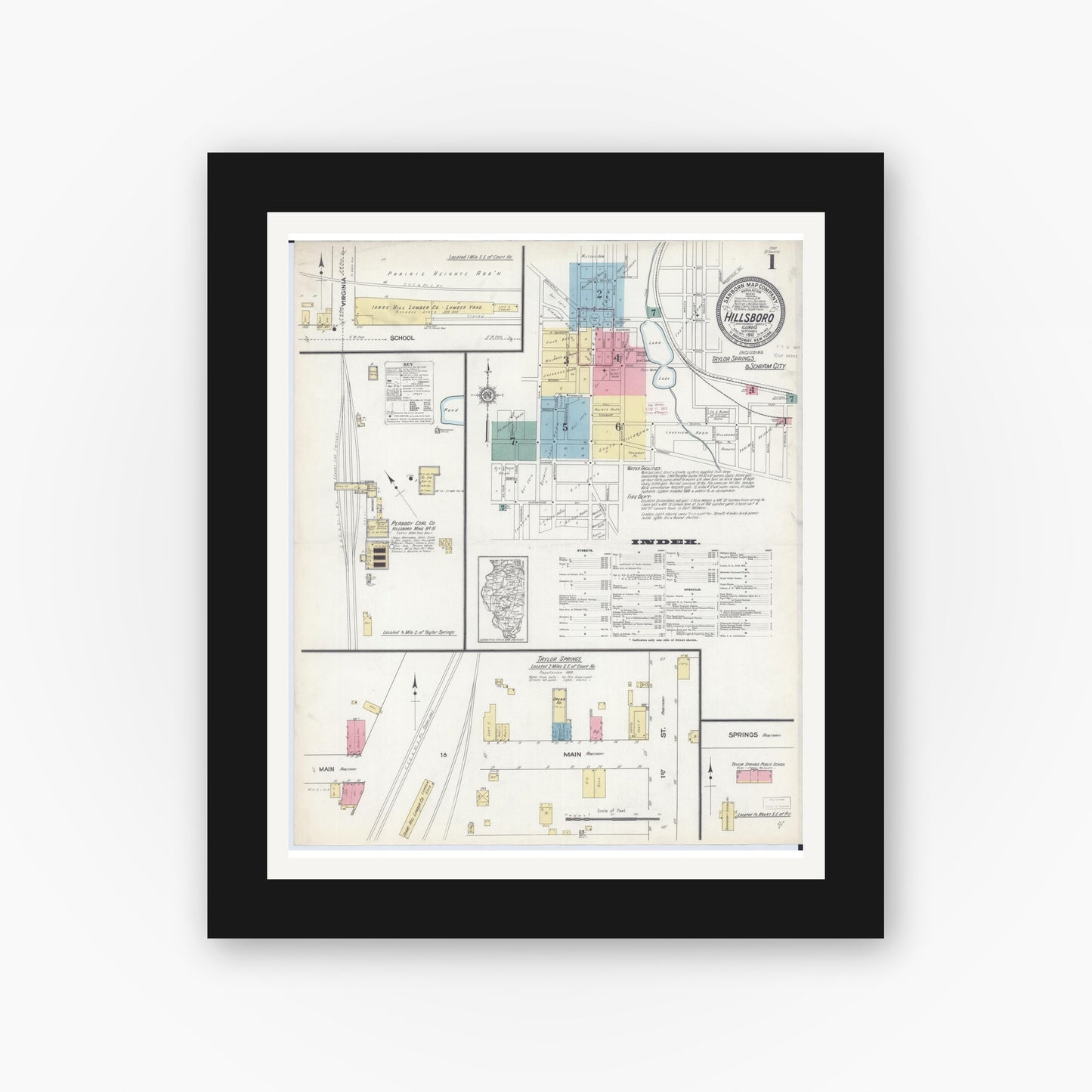 Old map wall art mockup — black gallery frame with white mat — Sanborn Fire Insurance Map from Hillsboro, Montgomery County, Illinois (1912) - Complete Map Set