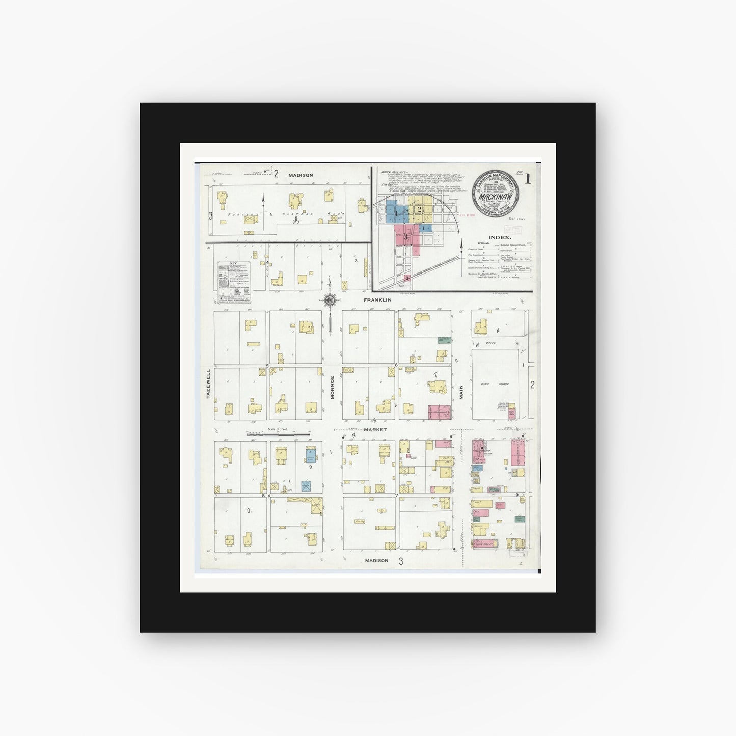 Old map wall art mockup — black gallery frame with white mat — Sanborn Fire Insurance Map from Mackinaw, Tazewell County, Illinois (1910), Sheet #0001
