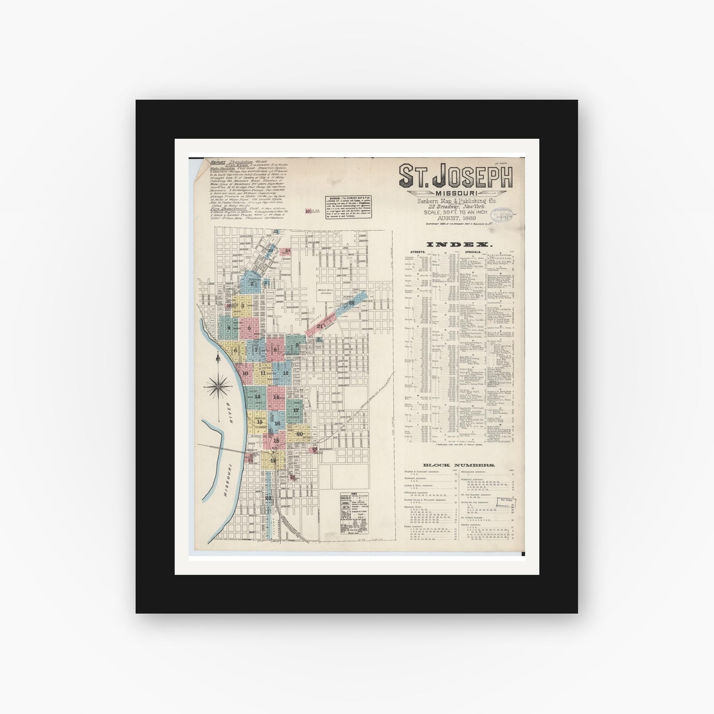 Old map wall art mockup — black gallery frame with white mat — Sanborn Fire Insurance Map from Saint Joseph, Buchanan County, Missouri (1883) - Complete Map Set