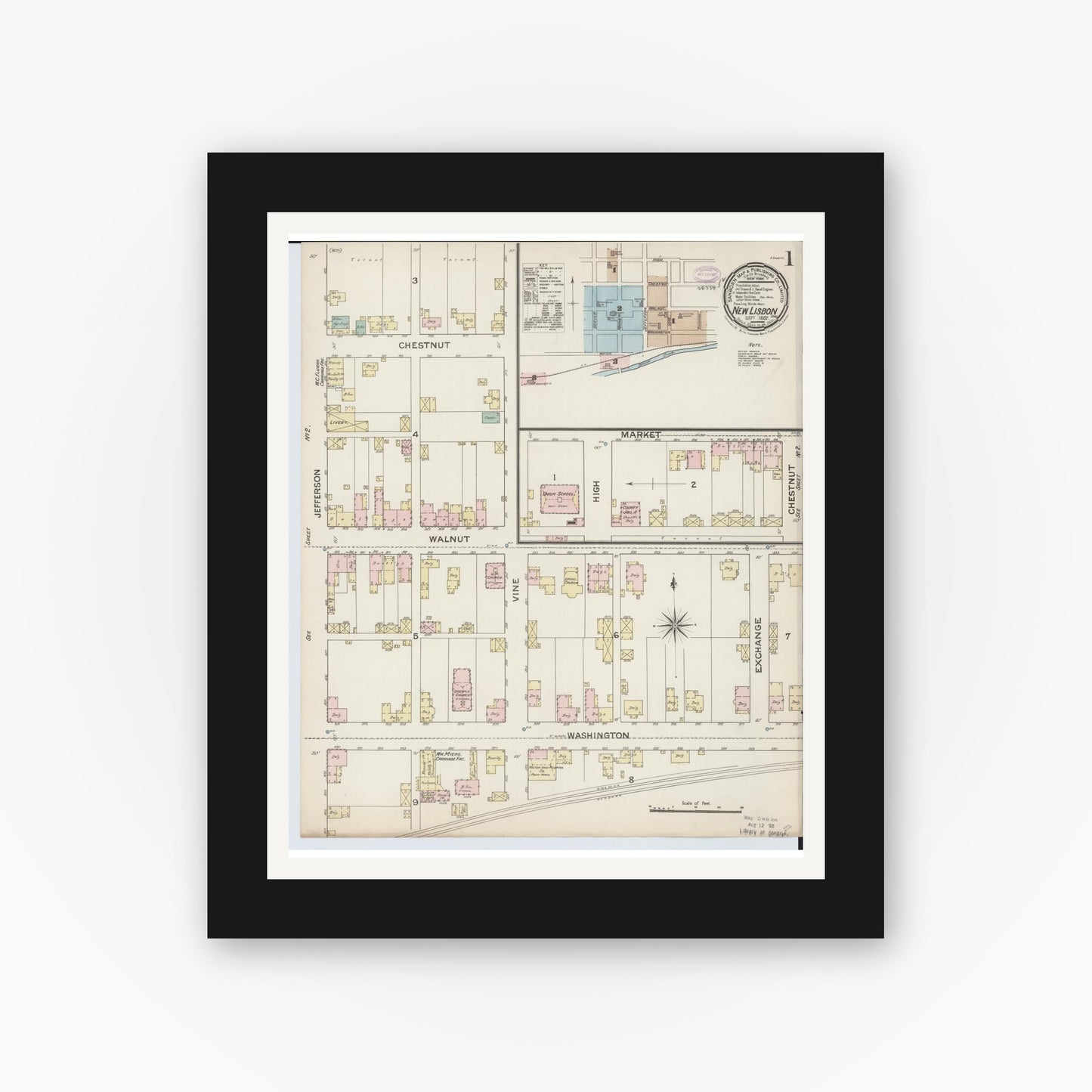 Old map wall art mockup β black gallery frame with white mat β Sanborn Fire Insurance Map from New Lisbon, Columbiana County, Ohio (1887) - Complete Map Set