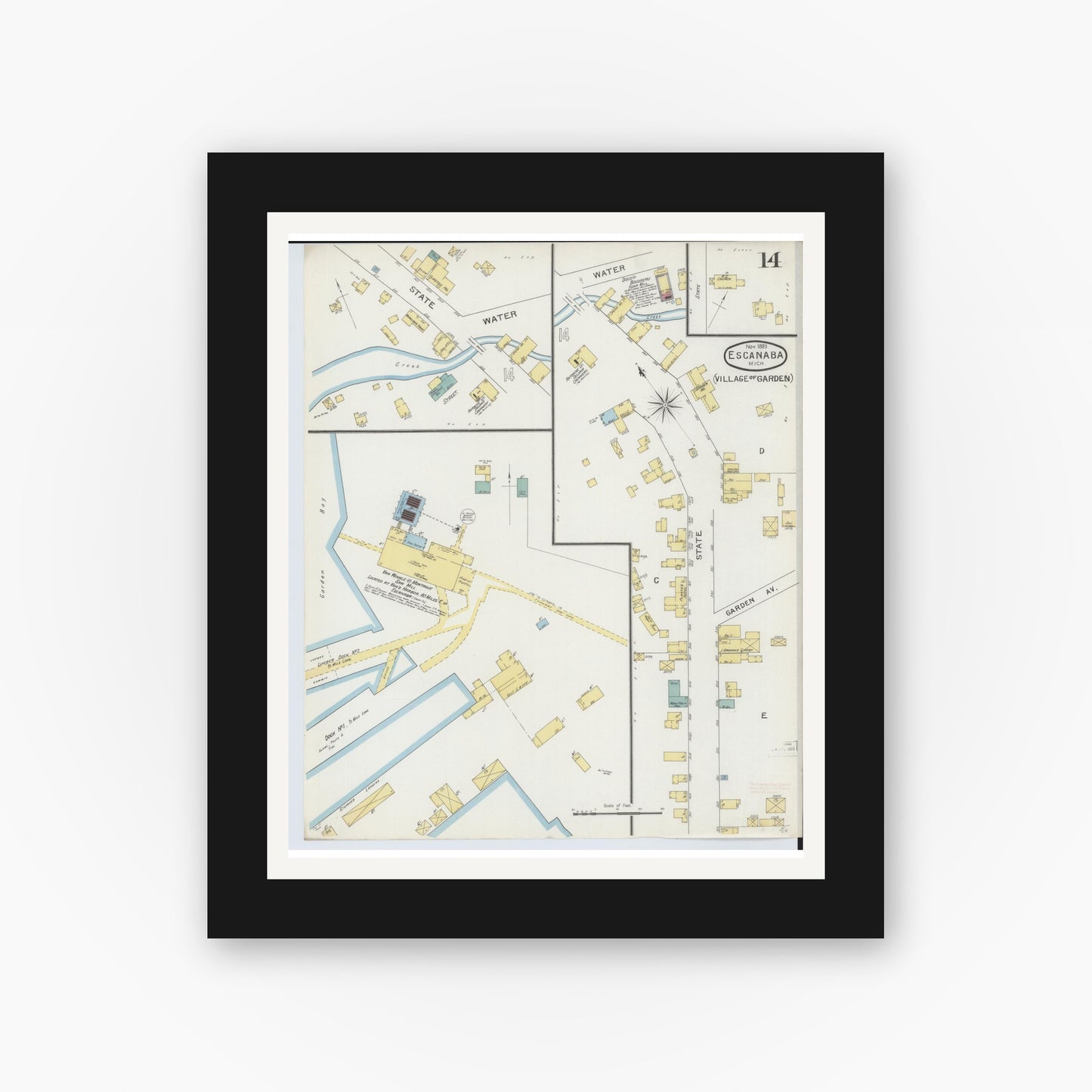 Old map wall art mockup — black gallery frame with white mat — Sanborn Fire Insurance Map from Escanaba, Delta County, Michigan (1893), Sheet #0014