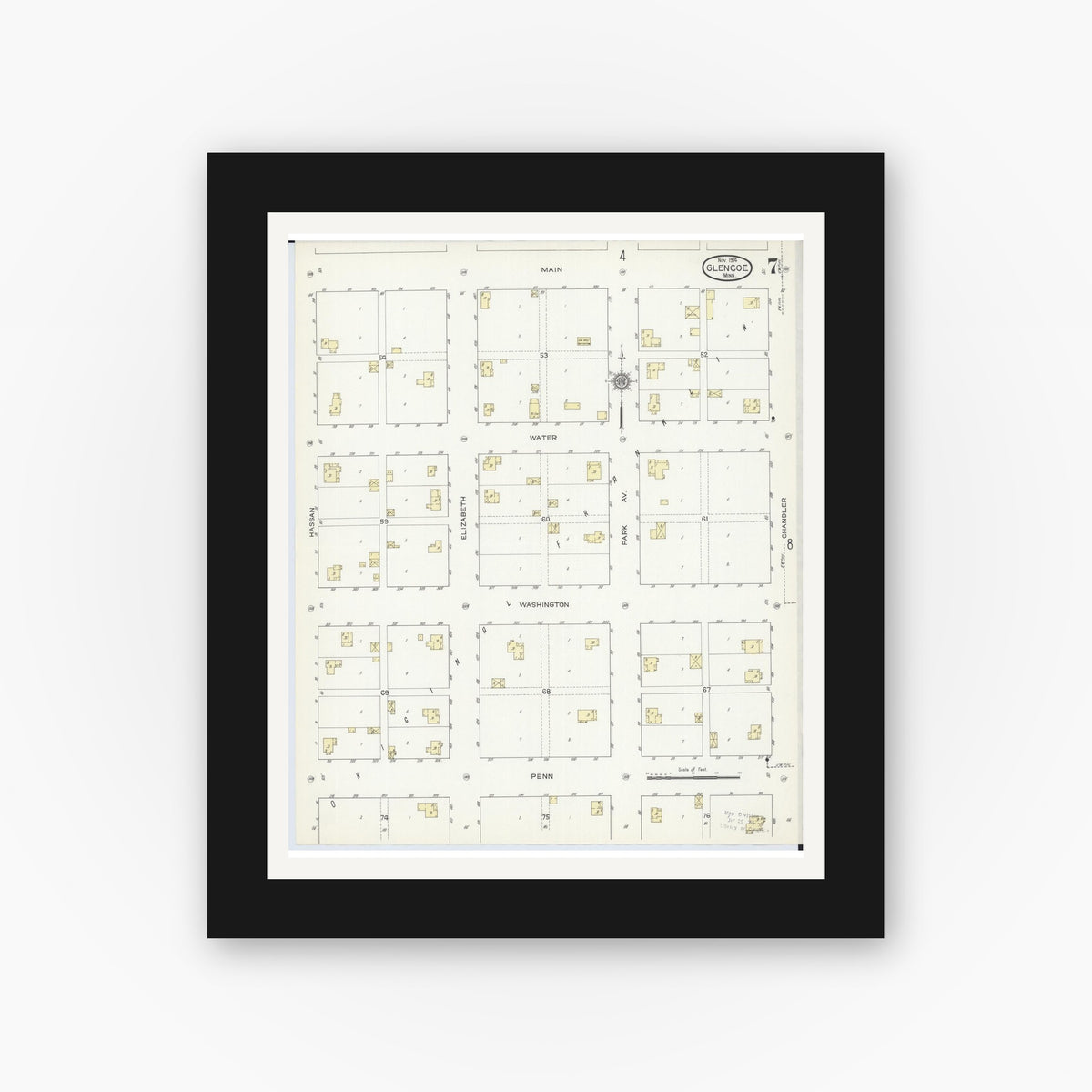 Old map wall art mockup — black gallery frame with white mat — Sanborn Fire Insurance Map from Glencoe, Mcleod County, Minnesota (1914), Sheet #0007