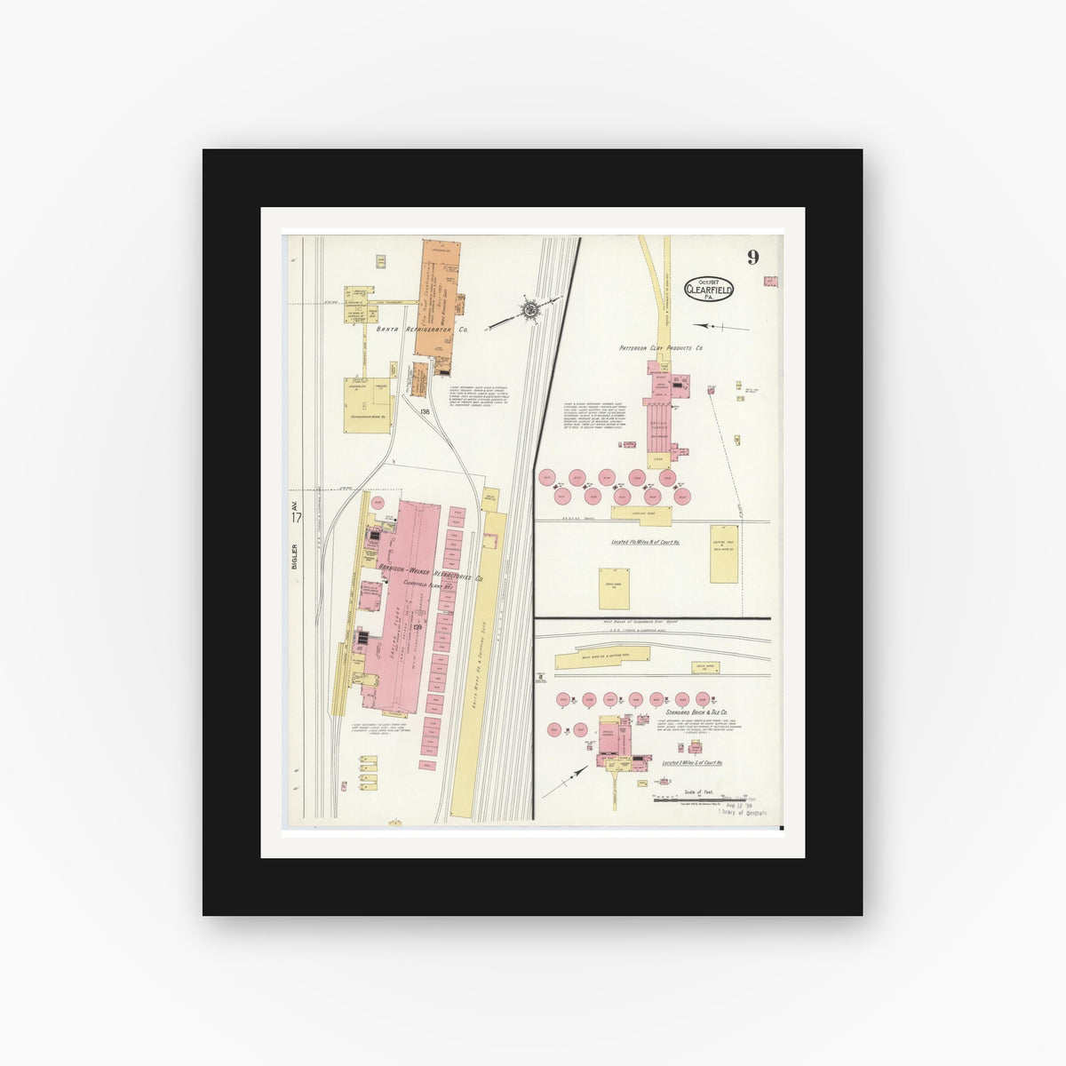 Old map wall art mockup — black gallery frame with white mat — Sanborn Fire Insurance Map from Clearfield, Clearfield County, Pennsylvania (1917), Sheet #0009