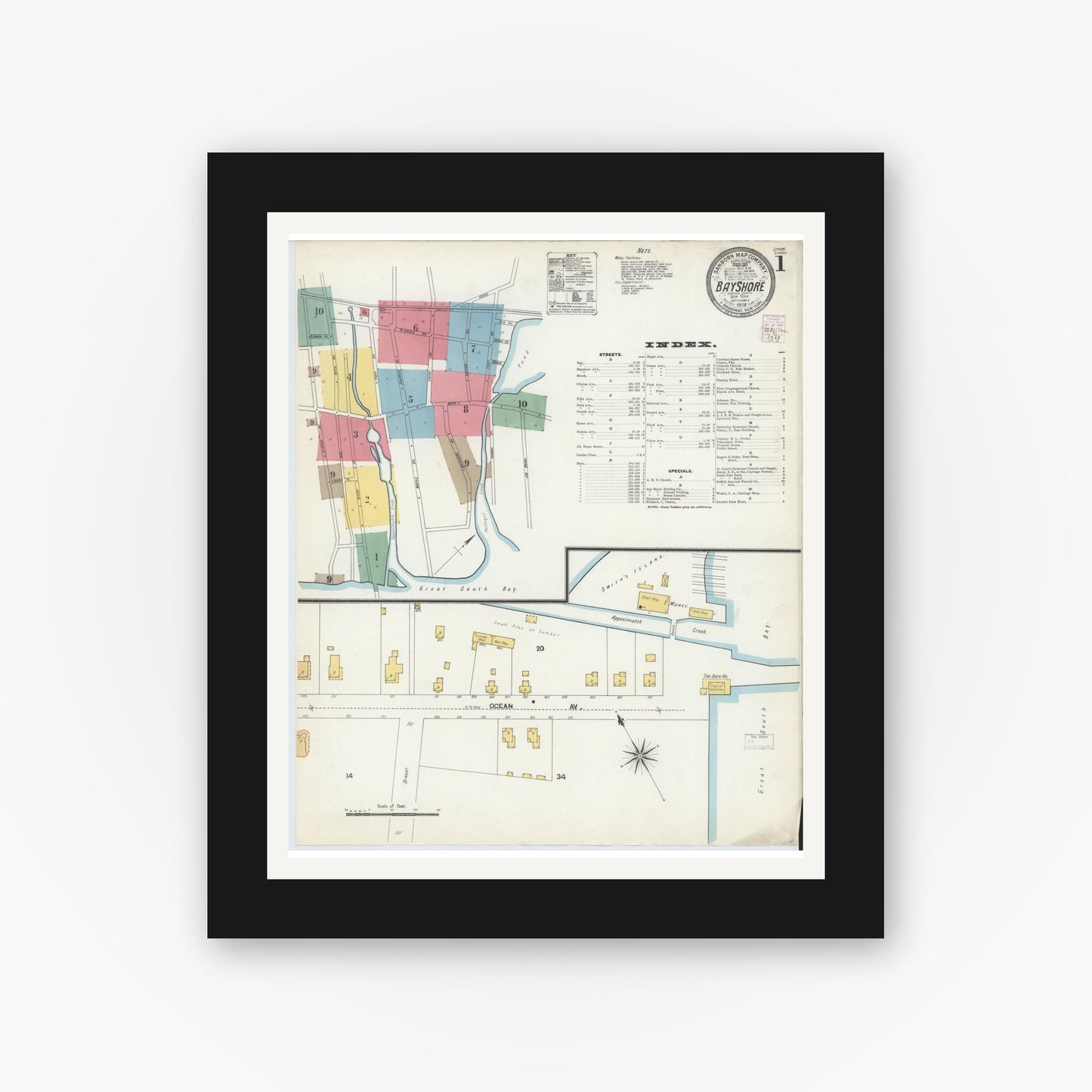 Old map wall art mockup — black gallery frame with white mat — Sanborn Fire Insurance Map from Bay Shore, Suffolk County, New York (1902), Sheet #0001