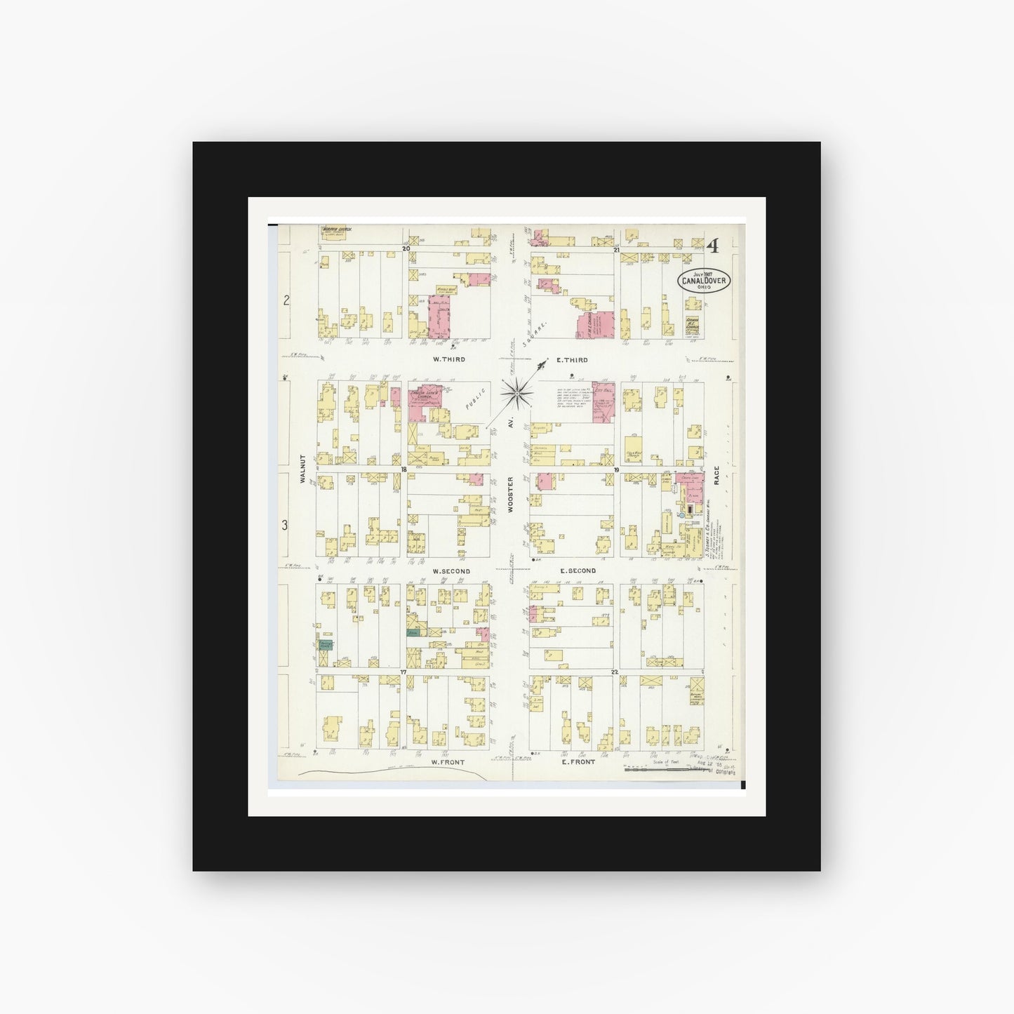Old map wall art mockup — black gallery frame with white mat — Sanborn Fire Insurance Map from Canal Dover, Tuscarawas County, Ohio (1907), Sheet #0004