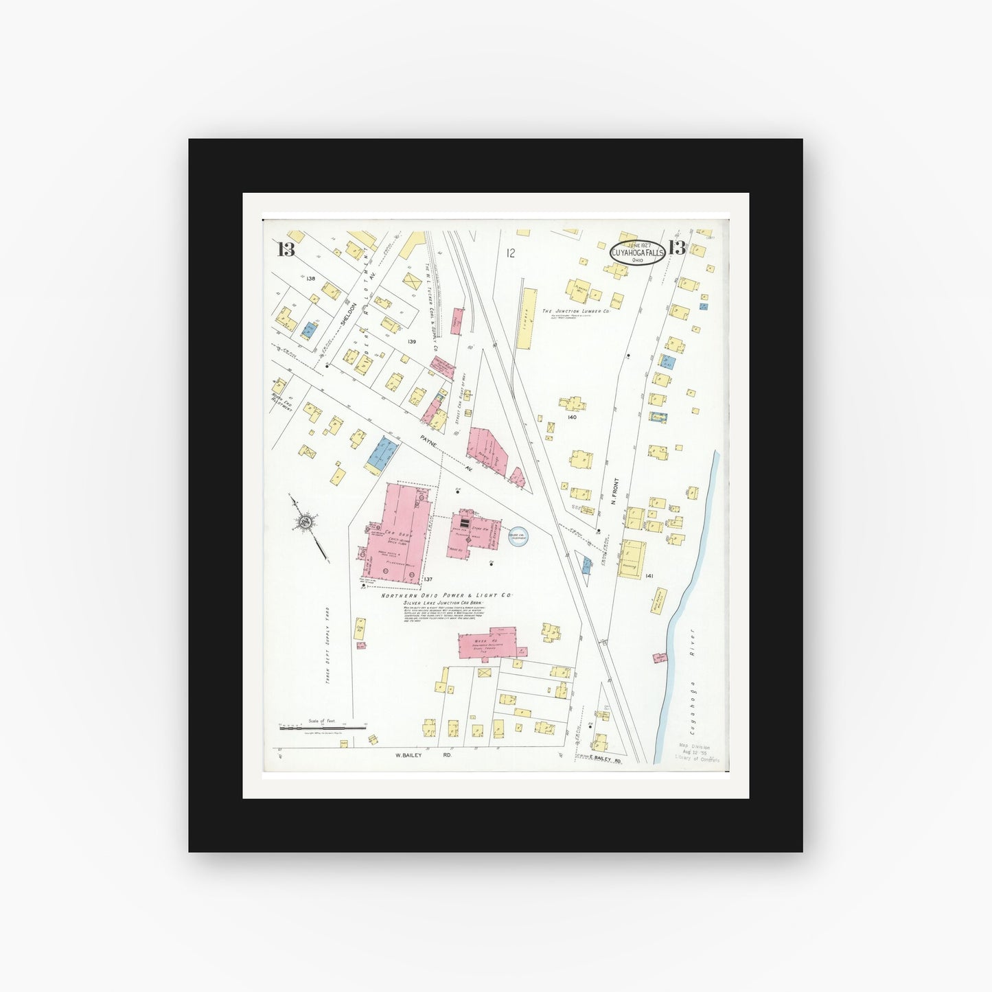 Old map wall art mockup — black gallery frame with white mat — Sanborn Fire Insurance Map from Cuyahoga Falls, Summit County, Ohio (1927), Sheet #0013