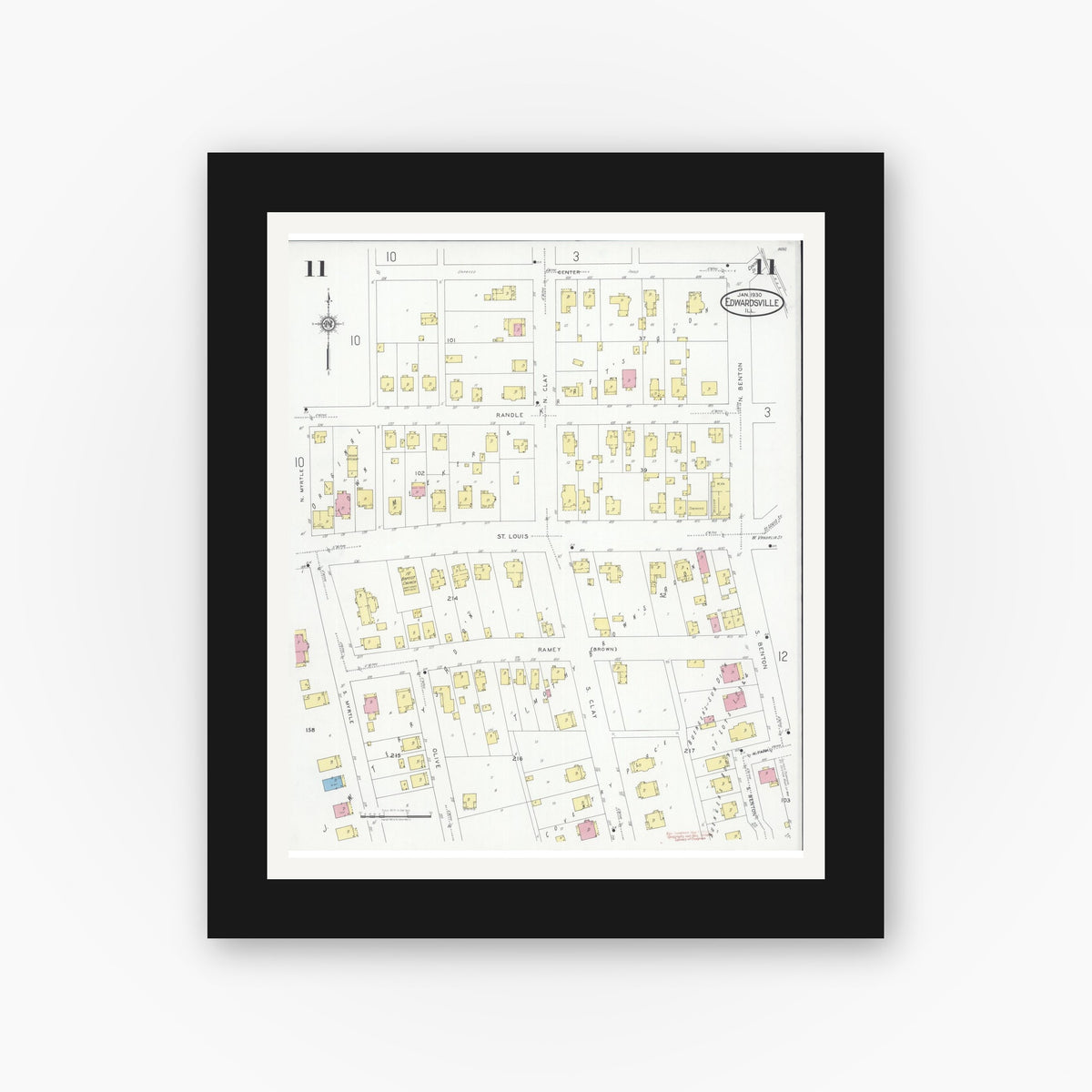Old map wall art mockup — black gallery frame with white mat — Sanborn Fire Insurance Map from Edwardsville, Madison County, Illinois (1930), Sheet #0011