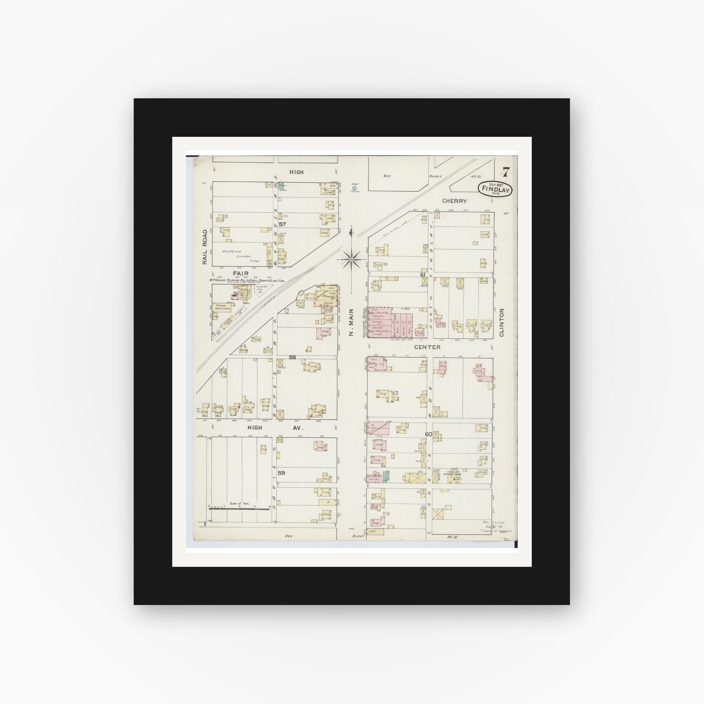 Old map wall art mockup — black gallery frame with white mat — Sanborn Fire Insurance Map from Findlay, Hancock County, Ohio (1887), Sheet #0007