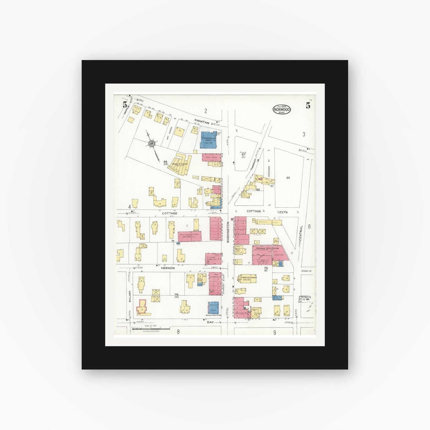 Old map wall art mockup — black gallery frame with white mat — Sanborn Fire Insurance Map from Norwood, Norfolk County, Massachusetts (1923), Sheet #0005