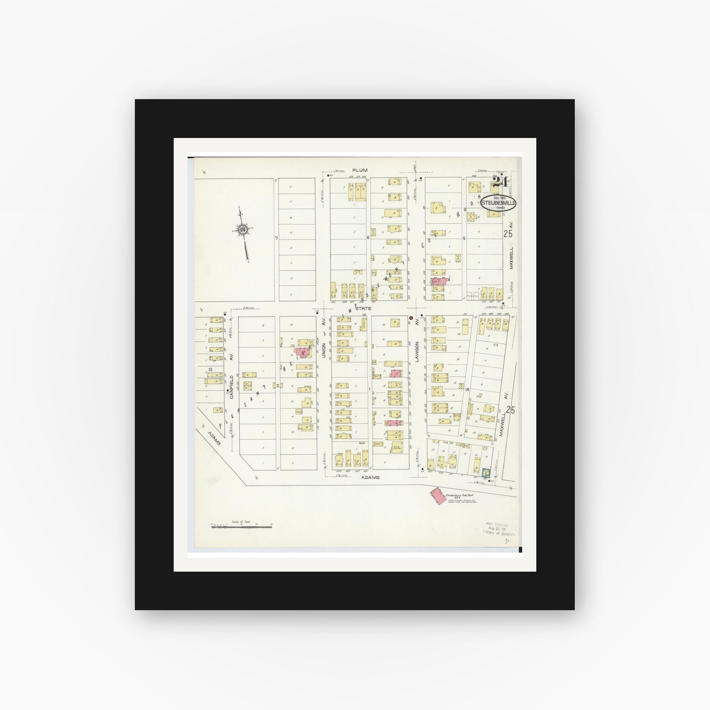 Old map wall art mockup — black gallery frame with white mat — Sanborn Fire Insurance Map from Steubenville, Jefferson County, Ohio (1913), Sheet #0024