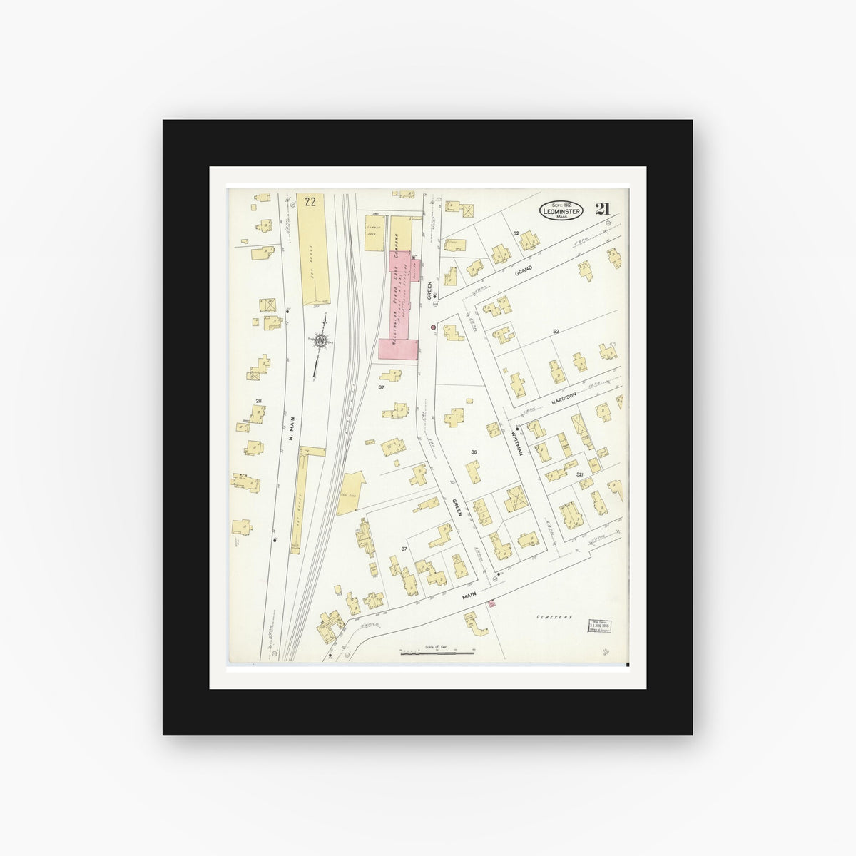 Old map wall art mockup — black gallery frame with white mat — Sanborn Fire Insurance Map from Leominster, Worcester County, Massachusetts (1912), Sheet #0021