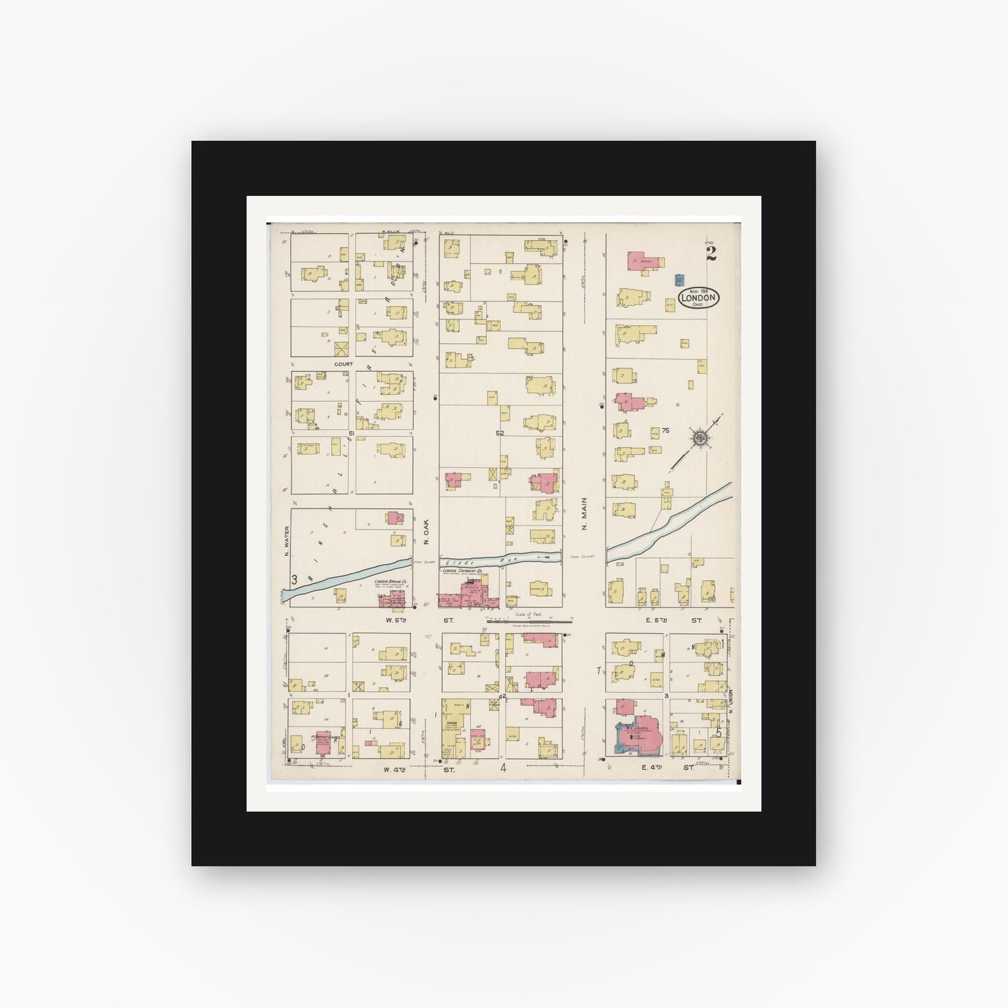 Old map wall art mockup — black gallery frame with white mat — Sanborn Fire Insurance Map from London, Madison County, Ohio (1921), Sheet #0002