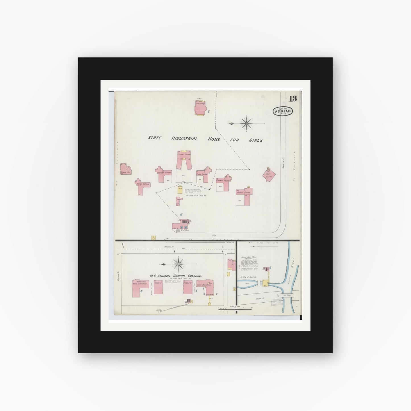 Old map wall art mockup — black gallery frame with white mat — Sanborn Fire Insurance Map from Adrian, Lenawee County, Michigan (1893), Sheet #0013