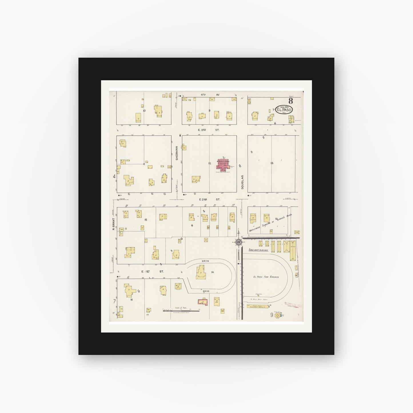 Old map wall art mockup — black gallery frame with white mat — Sanborn Fire Insurance Map from El Paso, Woodford County, Illinois (1922), Sheet #0008