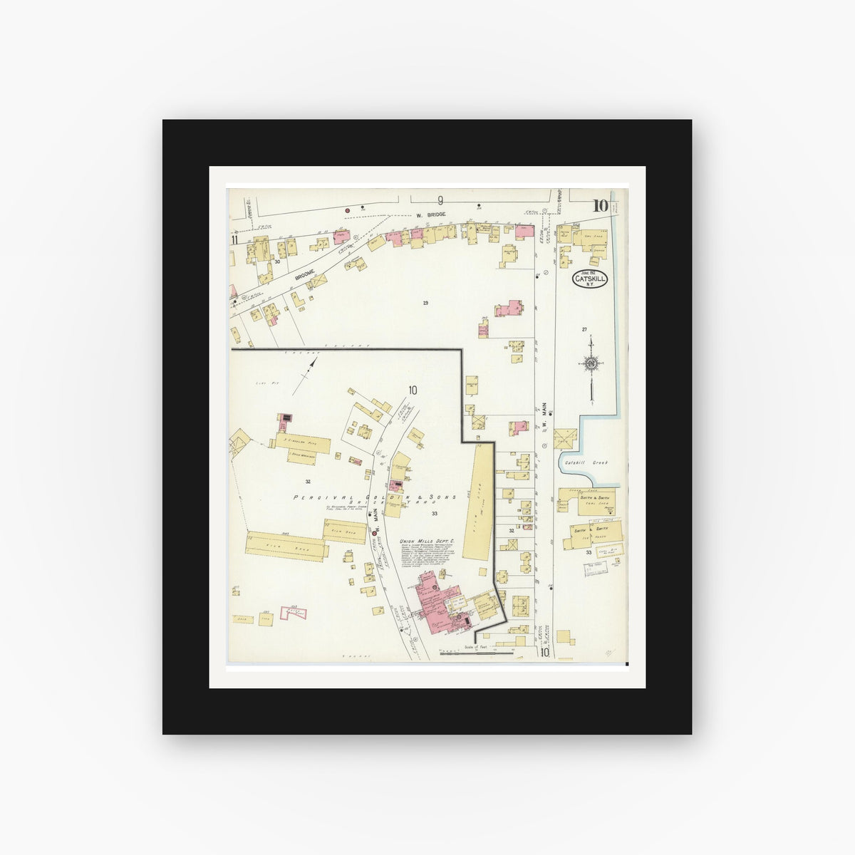 Old map wall art mockup — black gallery frame with white mat — Sanborn Fire Insurance Map from Catskill, Greene County, New York (1912), Sheet #0010