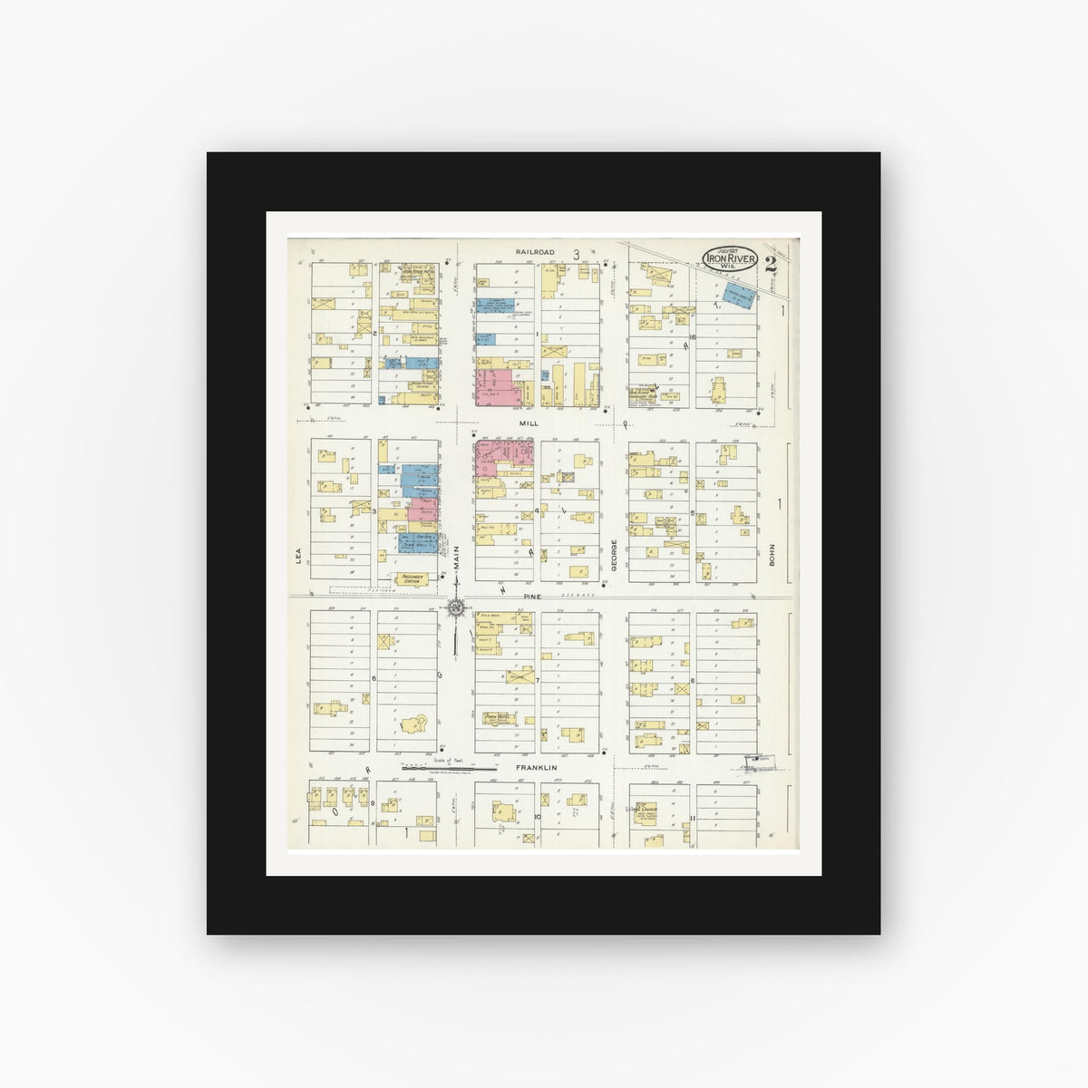 Old map wall art mockup — black gallery frame with white mat — Sanborn Fire Insurance Map from Iron River, Bayfield County, Wisconsin (1917), Sheet #0002