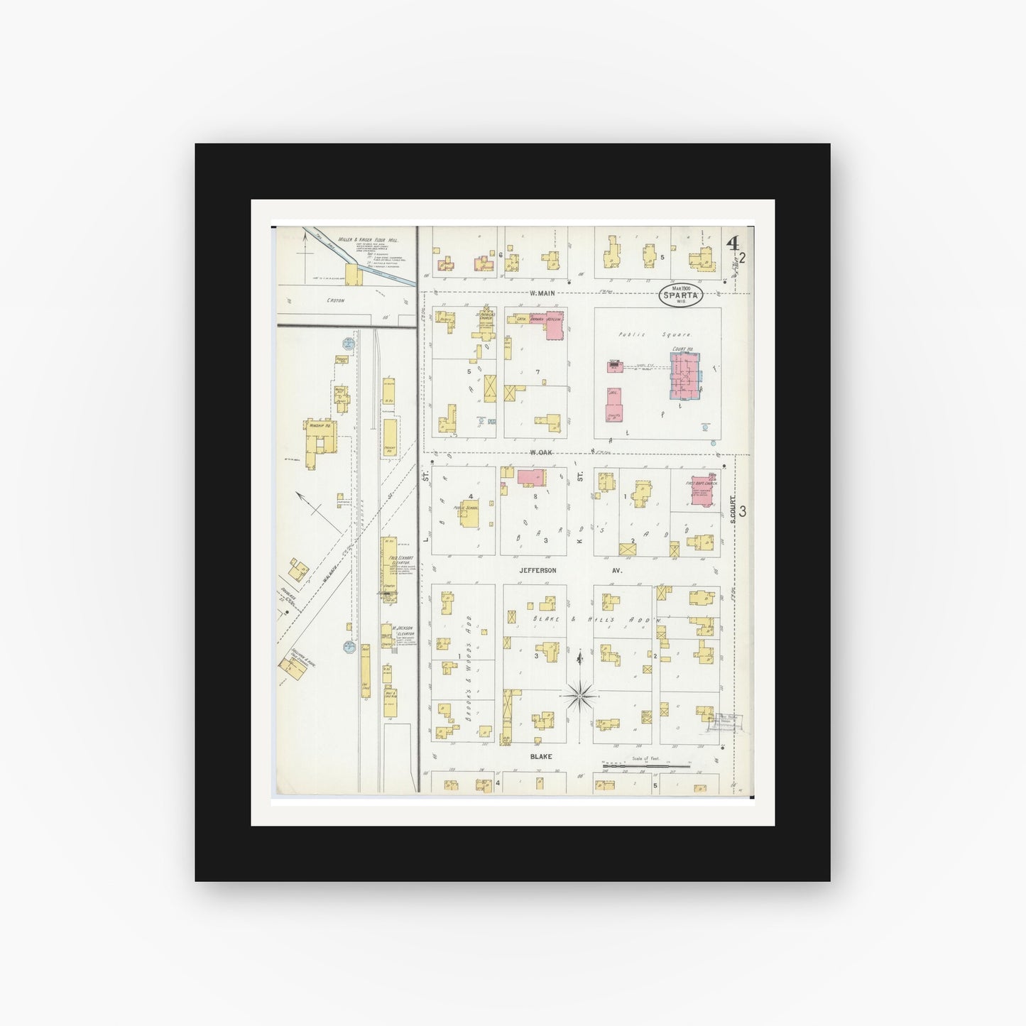 Old map wall art mockup — black gallery frame with white mat — Sanborn Fire Insurance Map from Sparta, Monroe County, Wisconsin (1900), Sheet #0004