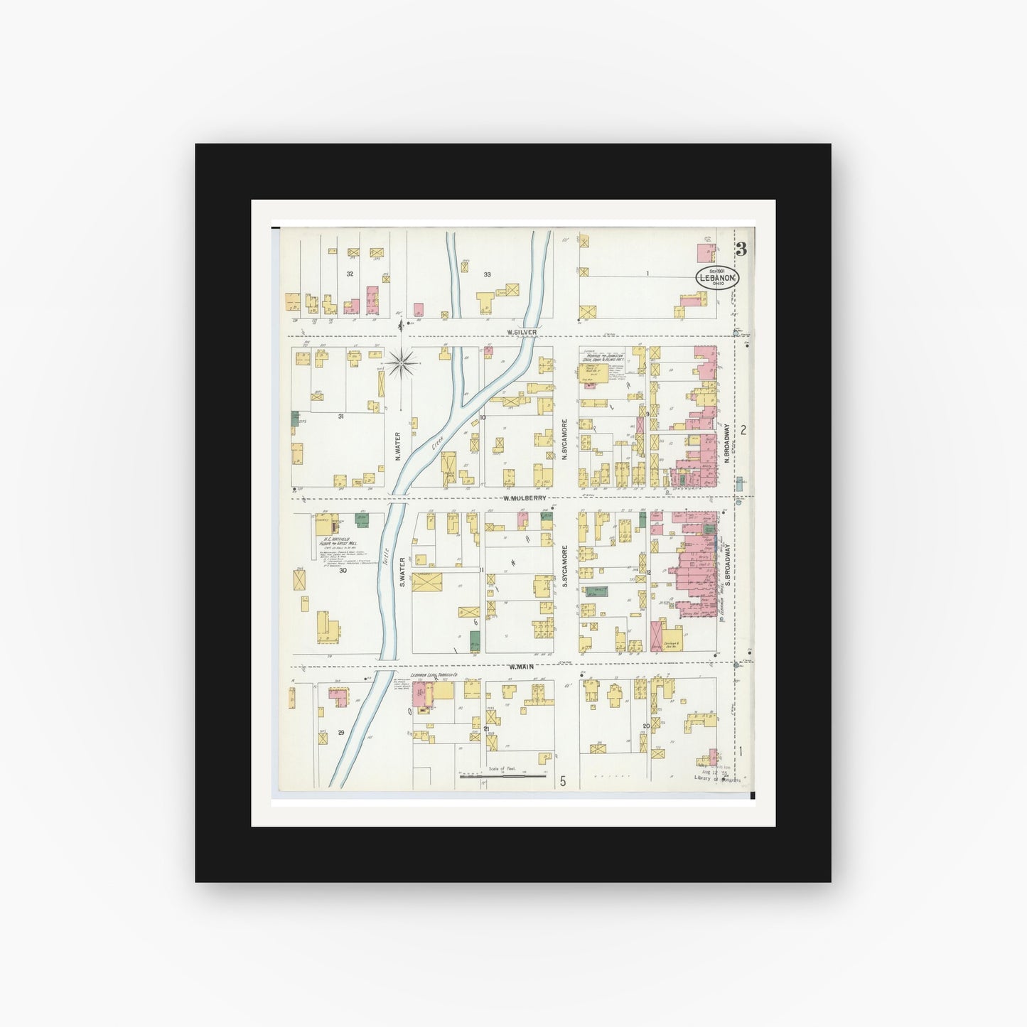 Old map wall art mockup — black gallery frame with white mat — Sanborn Fire Insurance Map from Lebanon, Warren County, Ohio (1901), Sheet #0003