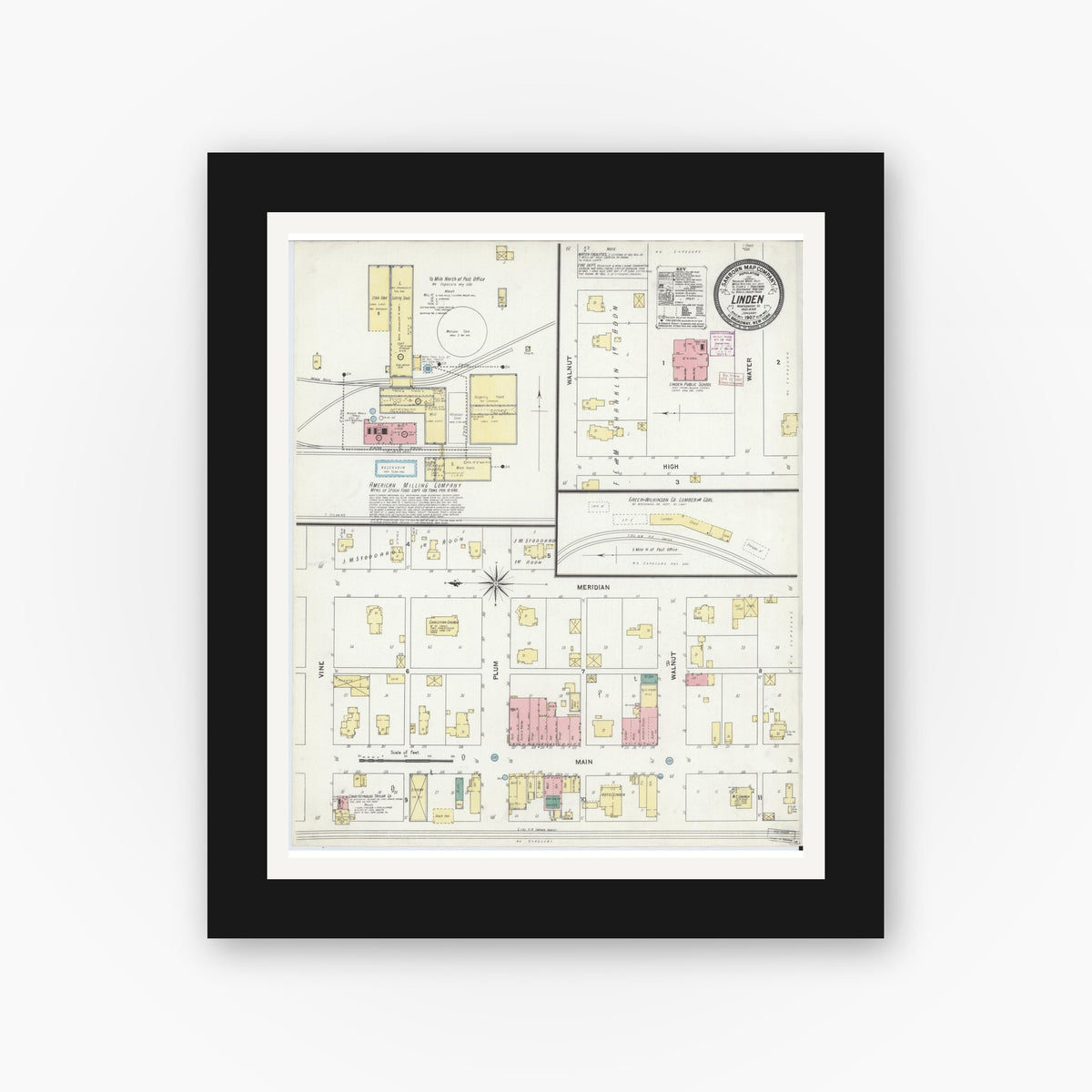 Old map wall art mockup — black gallery frame with white mat — Sanborn Fire Insurance Map from Linden, Montgomery County, Indiana (1907), Sheet #0001