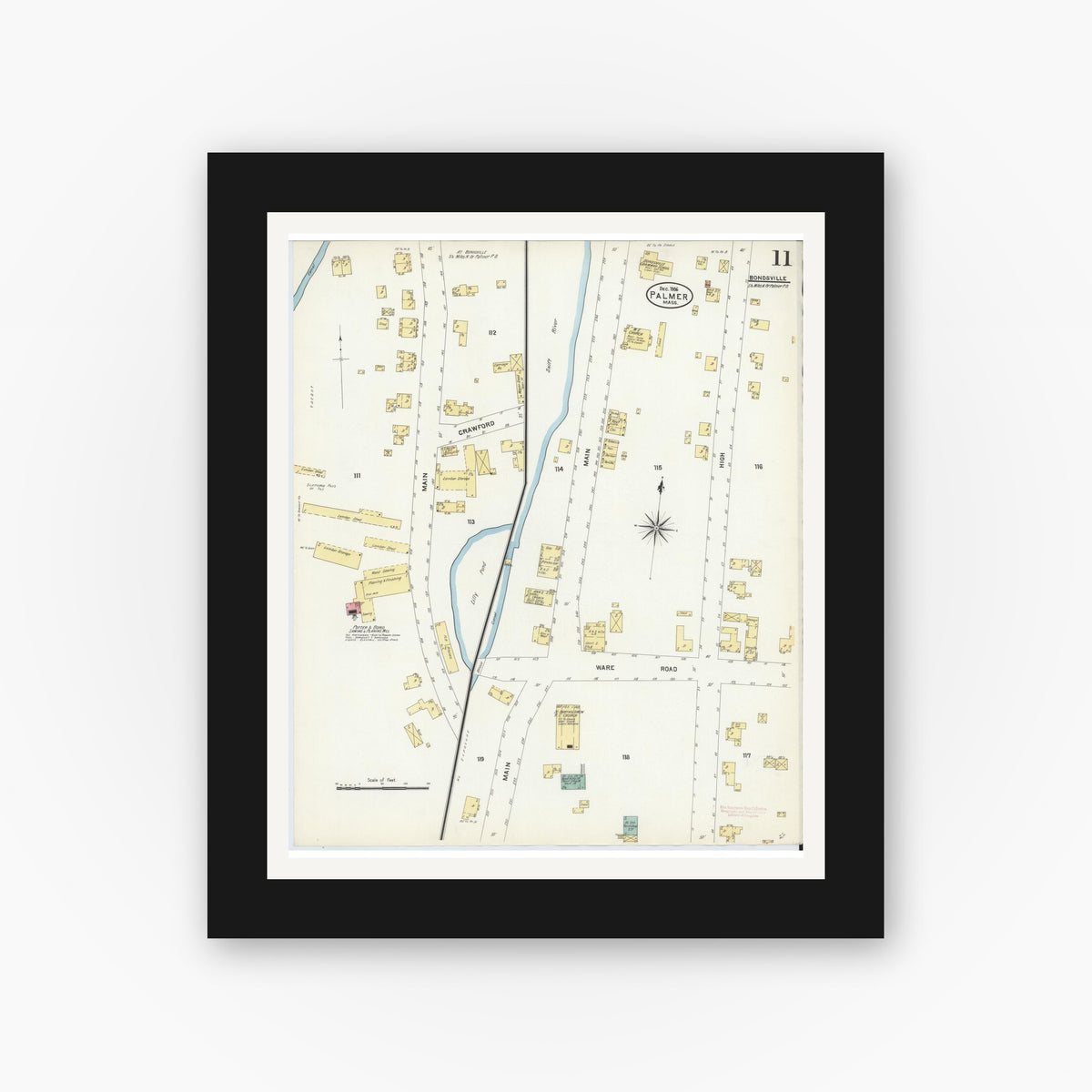 Old map wall art mockup — black gallery frame with white mat — Sanborn Fire Insurance Map from Palmer, Hampden County, Massachusetts (1906), Sheet #0011