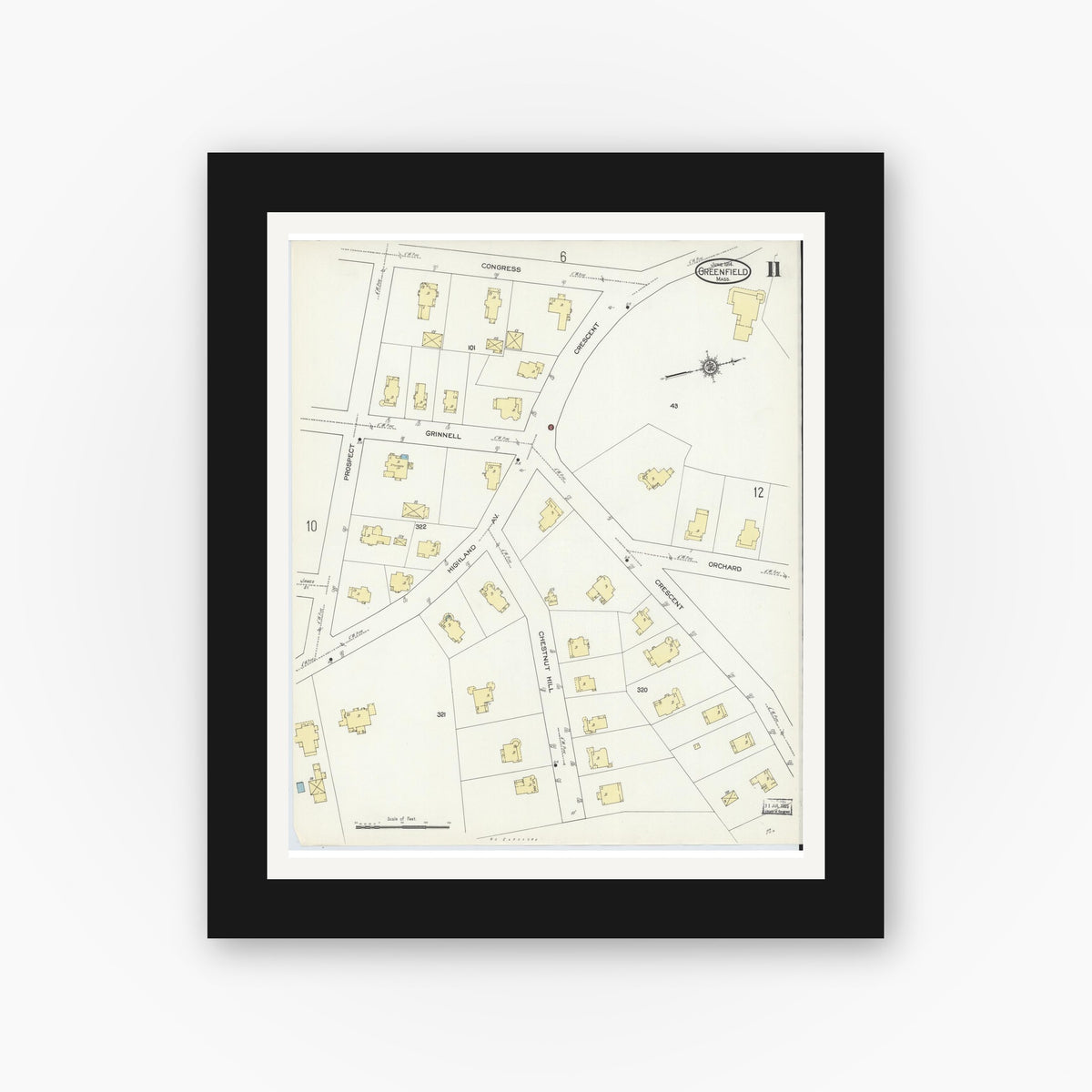 Old map wall art mockup — black gallery frame with white mat — Sanborn Fire Insurance Map from Greenfield, Franklin County, Massachusetts (1914), Sheet #0011