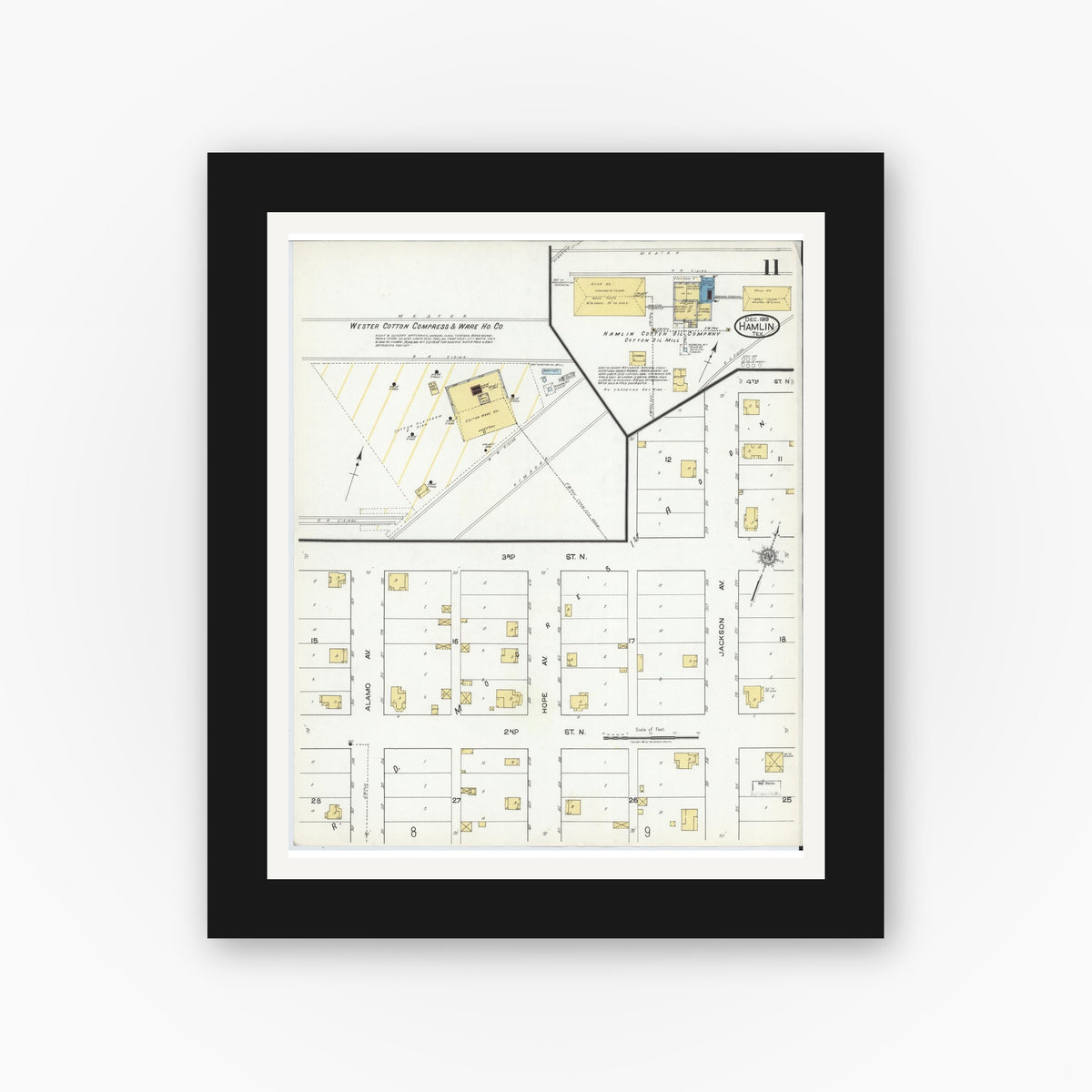Old map wall art mockup — black gallery frame with white mat — Sanborn Fire Insurance Map from Hamlin, Jones County, Texas (1919), Sheet #0011
