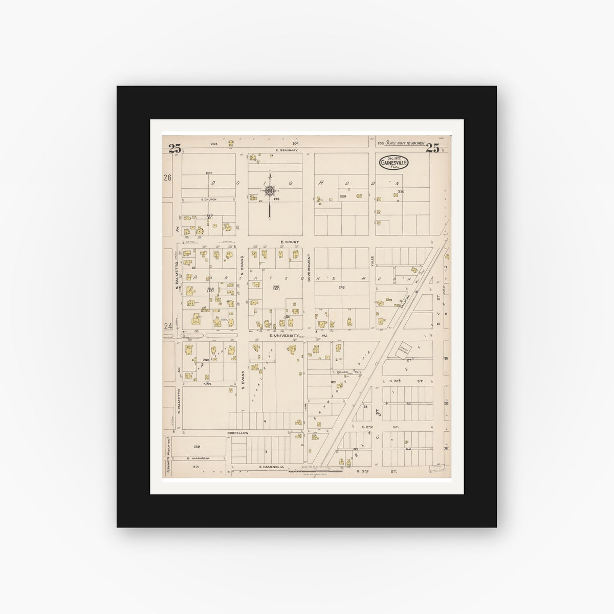 Old map wall art mockup — black gallery frame with white mat — Sanborn Fire Insurance Map from Gainesville, Alachua County, Florida (1922), Sheet #0025