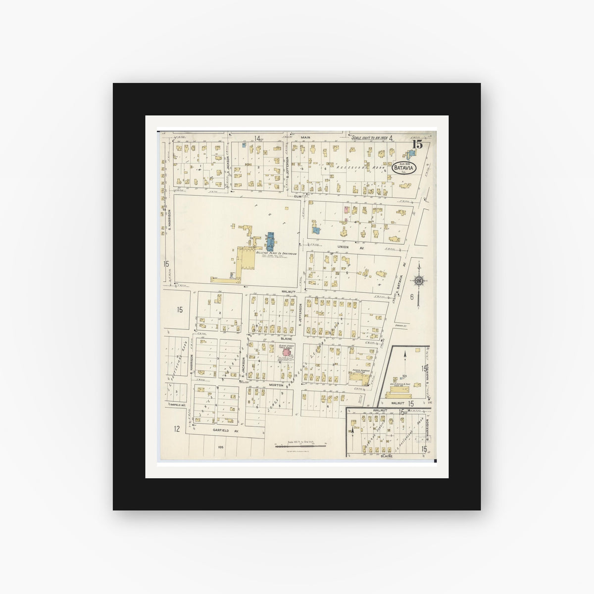 Old map wall art mockup — black gallery frame with white mat — Sanborn Fire Insurance Map from Batavia, Kane County, Illinois (1916), Sheet #0015