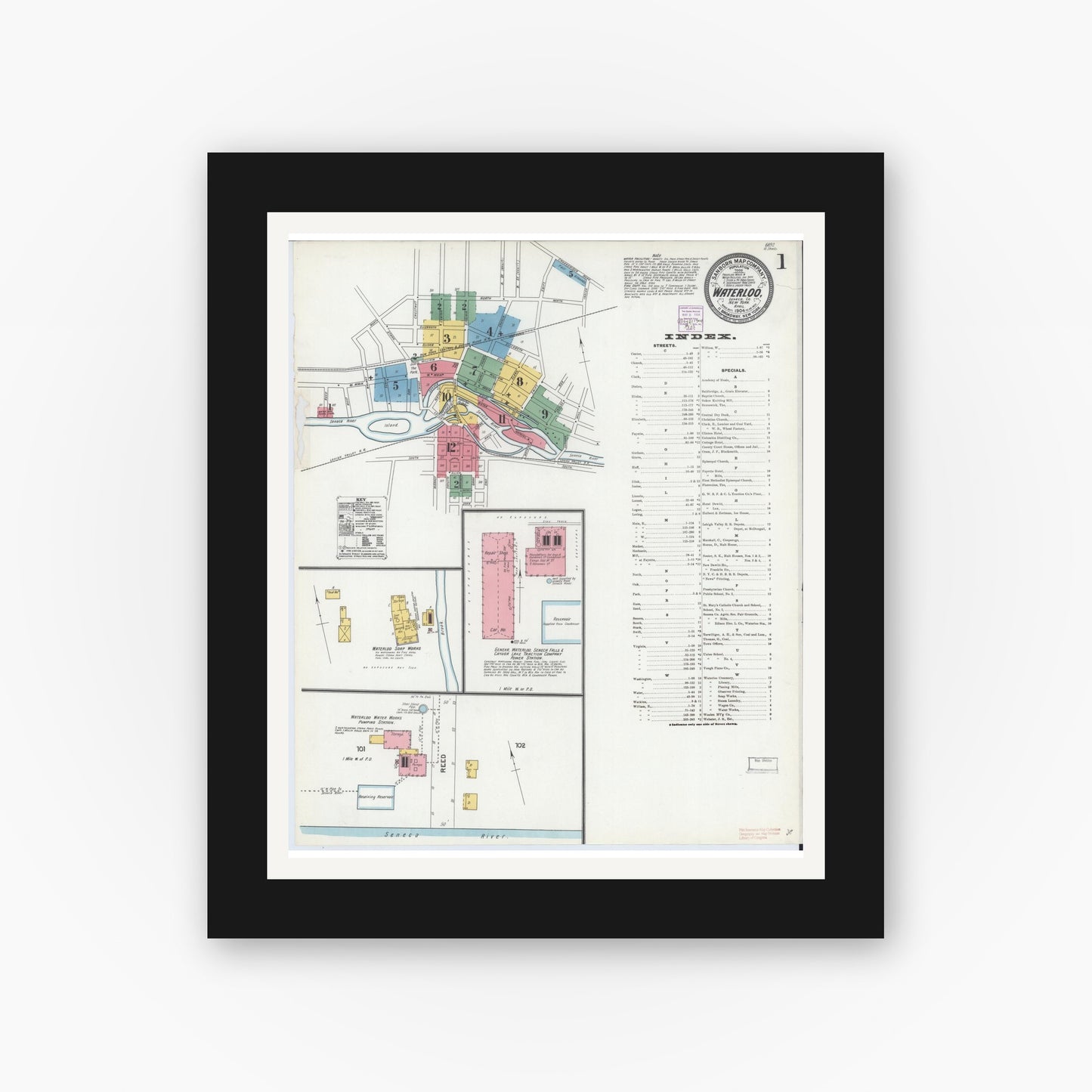 Old map wall art mockup — black gallery frame with white mat — Sanborn Fire Insurance Map from Waterloo, Seneca County, New York (1904) - Complete Map Set