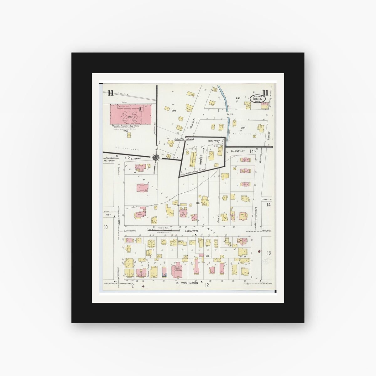 Old map wall art mockup — black gallery frame with white mat — Sanborn Fire Insurance Map from Ionia, Ionia County, Michigan (1924), Sheet #0011