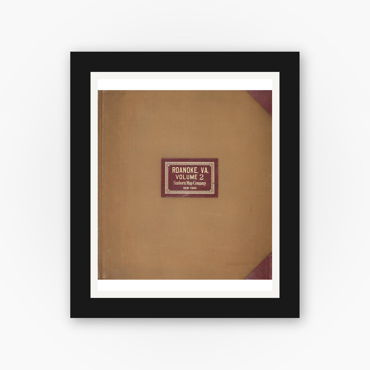 Old map wall art mockup — black gallery frame with white mat — Sanborn Fire Insurance Map from Roanoke, Independent Cities, Virginia (1949), Sheet #0001