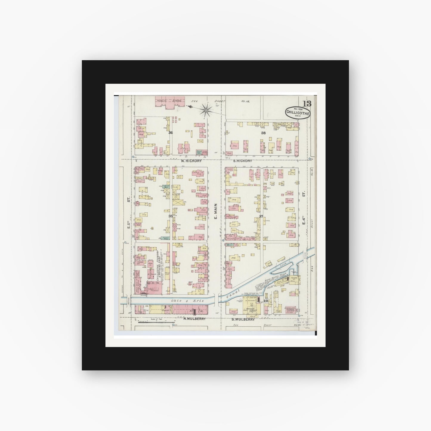 Old map wall art mockup — black gallery frame with white mat — Sanborn Fire Insurance Map from Chillicothe, Ross County, Ohio (1890), Sheet #0013