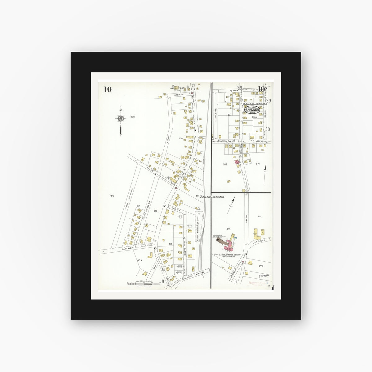 Old map wall art mockup — black gallery frame with white mat — Sanborn Fire Insurance Map from Gardner, Worcester County, Massachusetts (1923), Sheet #0010