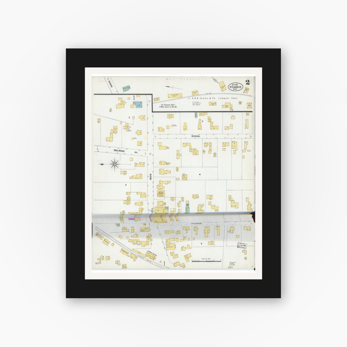 Old map wall art mockup — black gallery frame with white mat — Sanborn Fire Insurance Map from Hyannis, Barnstable County, Massachusetts (1901), Sheet #0002