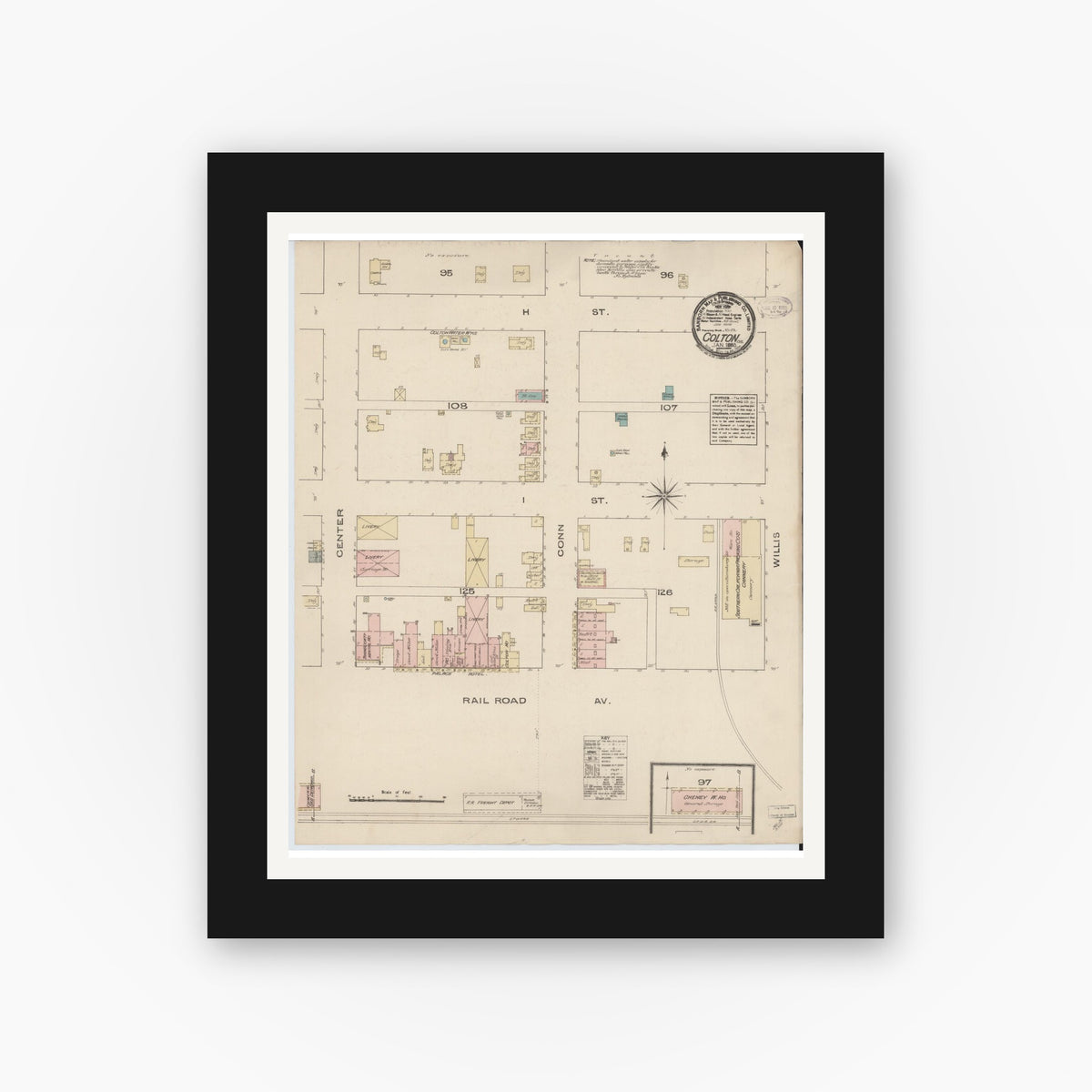 Old map wall art mockup — black gallery frame with white mat — Sanborn Fire Insurance Map from Colton, San Bernardino County, California (1885), Sheet #0001