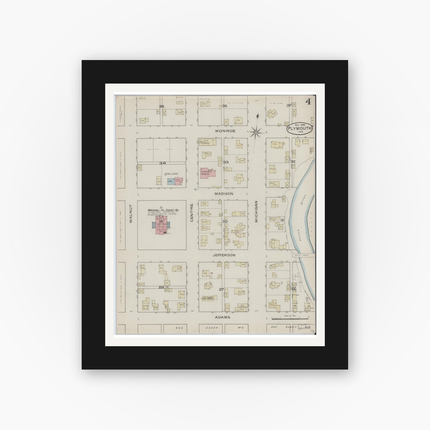Old map wall art mockup — black gallery frame with white mat — Sanborn Fire Insurance Map from Plymouth, Marhshall County, Indiana (1886), Sheet #0004
