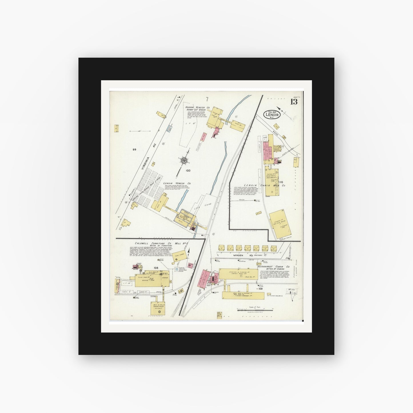 Old map wall art mockup — black gallery frame with white mat — Sanborn Fire Insurance Map from Lenoir, Caldwell County, North Carolina (1921), Sheet #0013