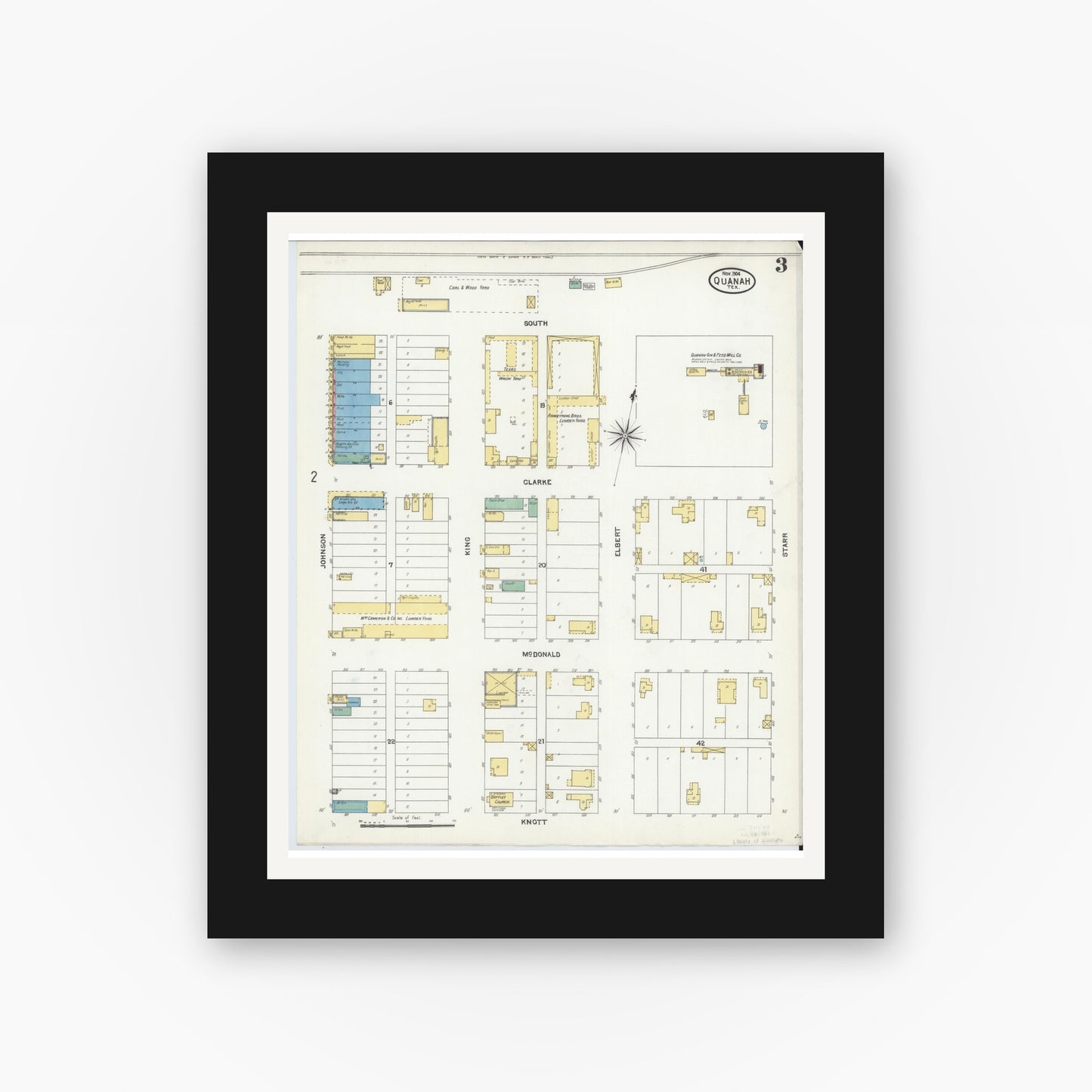 Old map wall art mockup — black gallery frame with white mat — Sanborn Fire Insurance Map from Quanah, Hardeman County, Texas (1904), Sheet #0003