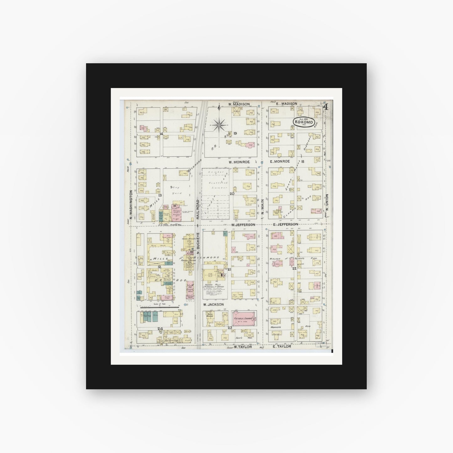Old map wall art mockup — black gallery frame with white mat — Sanborn Fire Insurance Map from Kokomo, Howard County, Indiana (1889), Sheet #0004