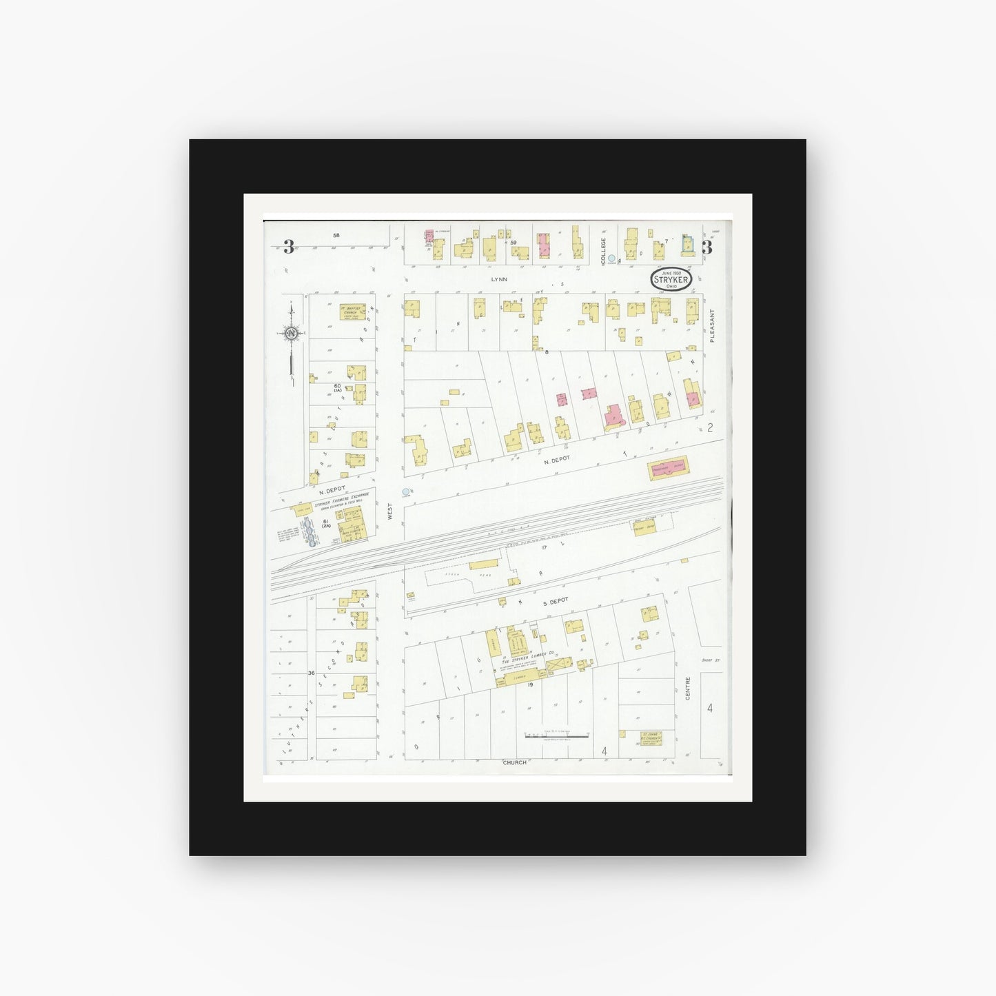 Old map wall art mockup — black gallery frame with white mat — Sanborn Fire Insurance Map from Stryker, Williams County, Ohio (1930), Sheet #0003
