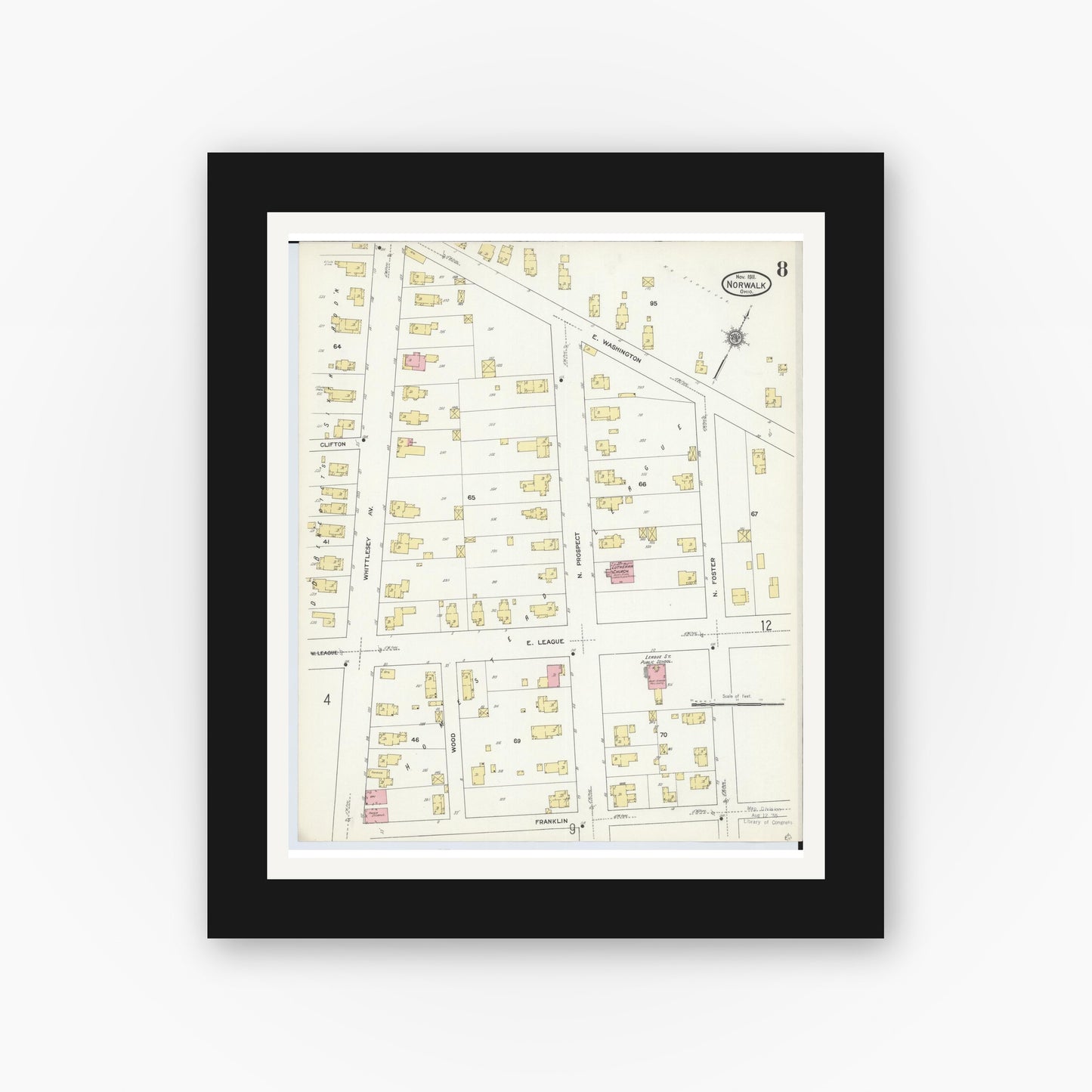 Old map wall art mockup — black gallery frame with white mat — Sanborn Fire Insurance Map from Norwalk, Huron County, Ohio (1911), Sheet #0008