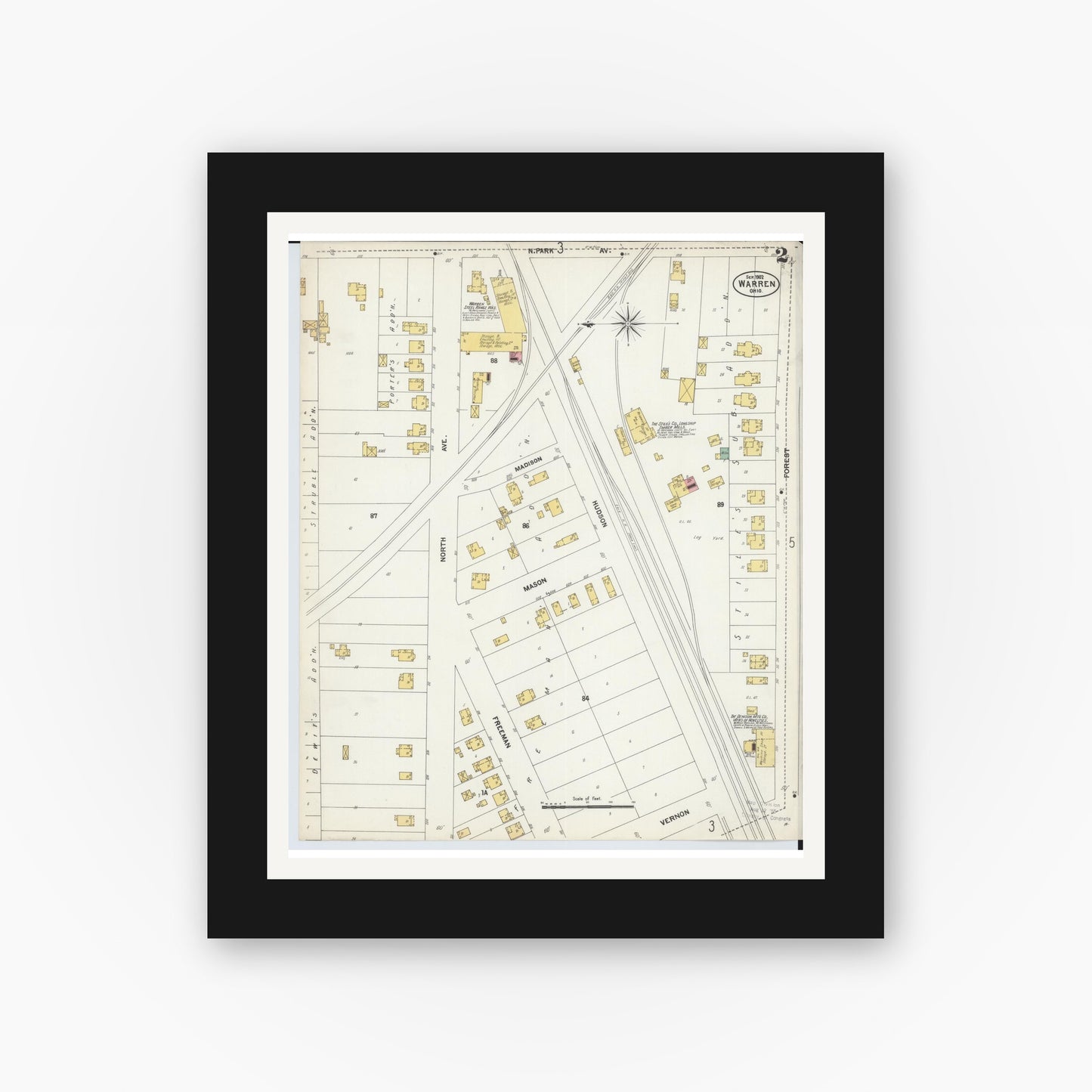 Old map wall art mockup — black gallery frame with white mat — Sanborn Fire Insurance Map from Warren, Trumbull County, Ohio (1902), Sheet #0002
