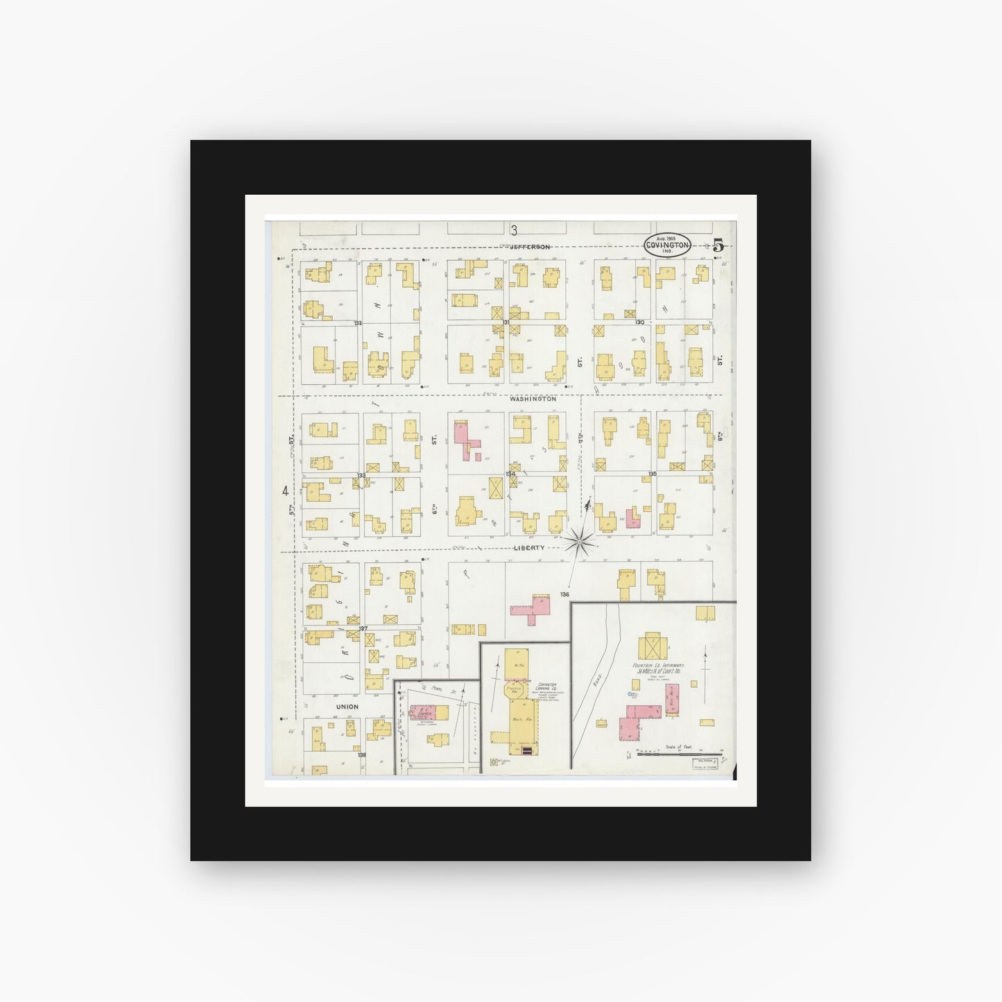Old map wall art mockup — black gallery frame with white mat — Sanborn Fire Insurance Map from Covington, Fountain County, Indiana (1905), Sheet #0005