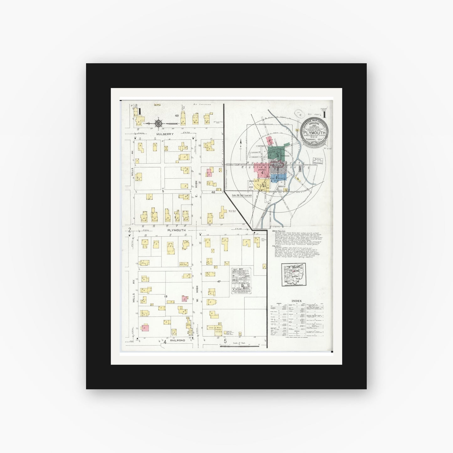 Old map wall art mockup — black gallery frame with white mat — Sanborn Fire Insurance Map from Plymouth, Huron And Richland Counties, Ohio (1924), Sheet #0001